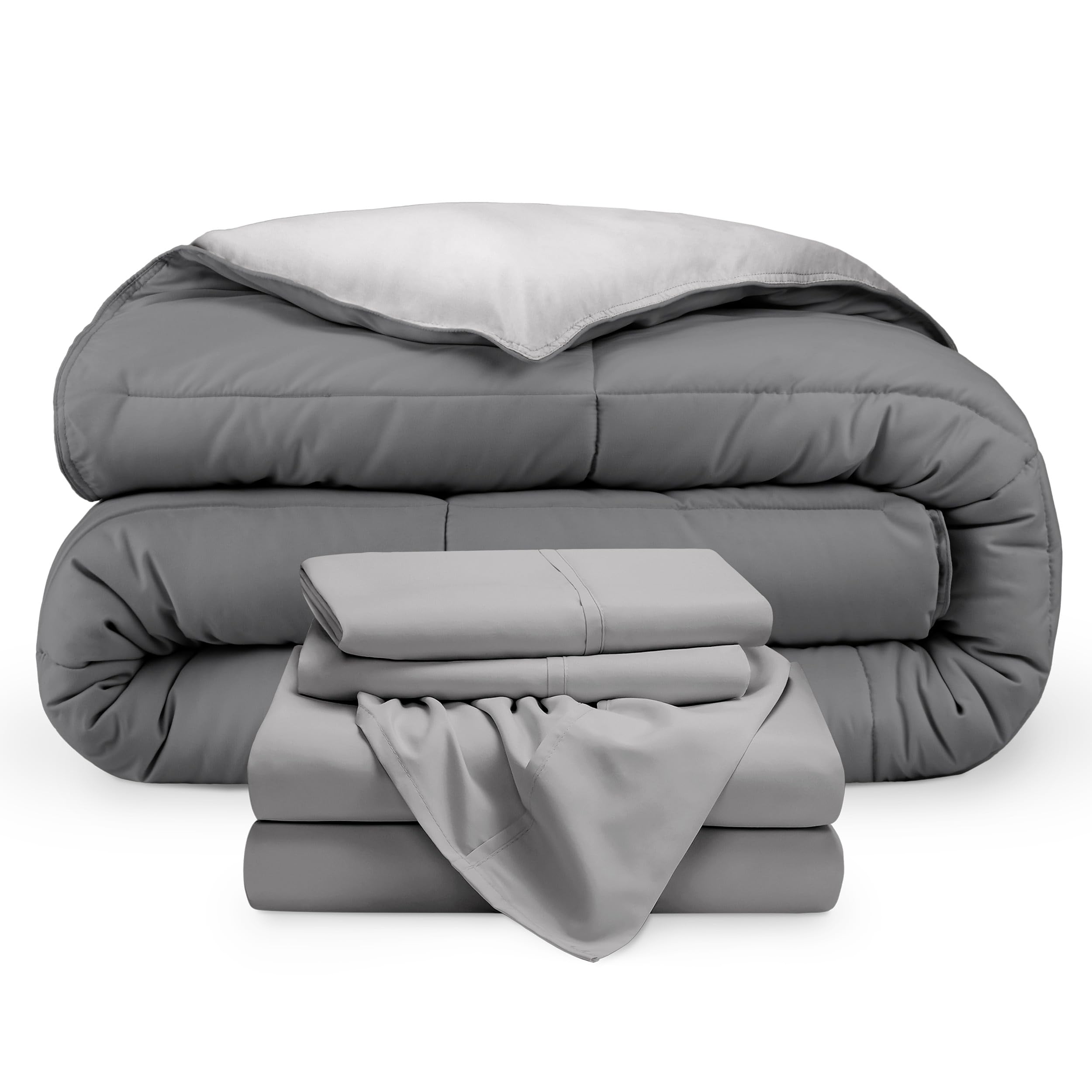 Bare Home Reversible Down Alternative Comforter & Sheet Set - Full Size Bedding - Soft Light Grey/Grey - All Season Bed-in-a-Bag - Perfect for Guest Rooms, Dorms & Cozy Bedrooms