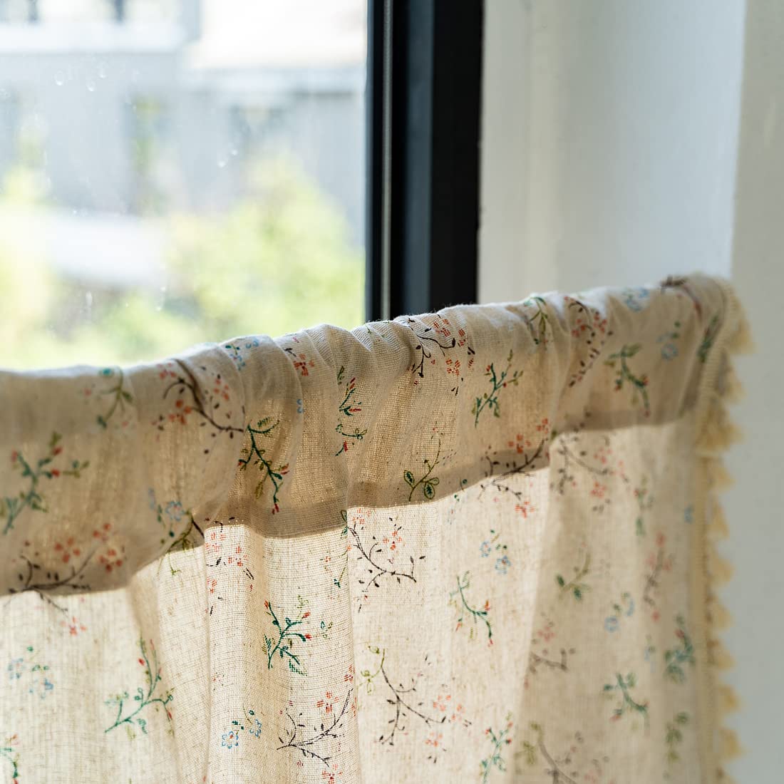 Boho Floral Printed Valance Curtains with Tassels - Cotton Linen Semi Sheer Rod Pocket Short Kitchen Cafe Curtains - 1 Panel (52