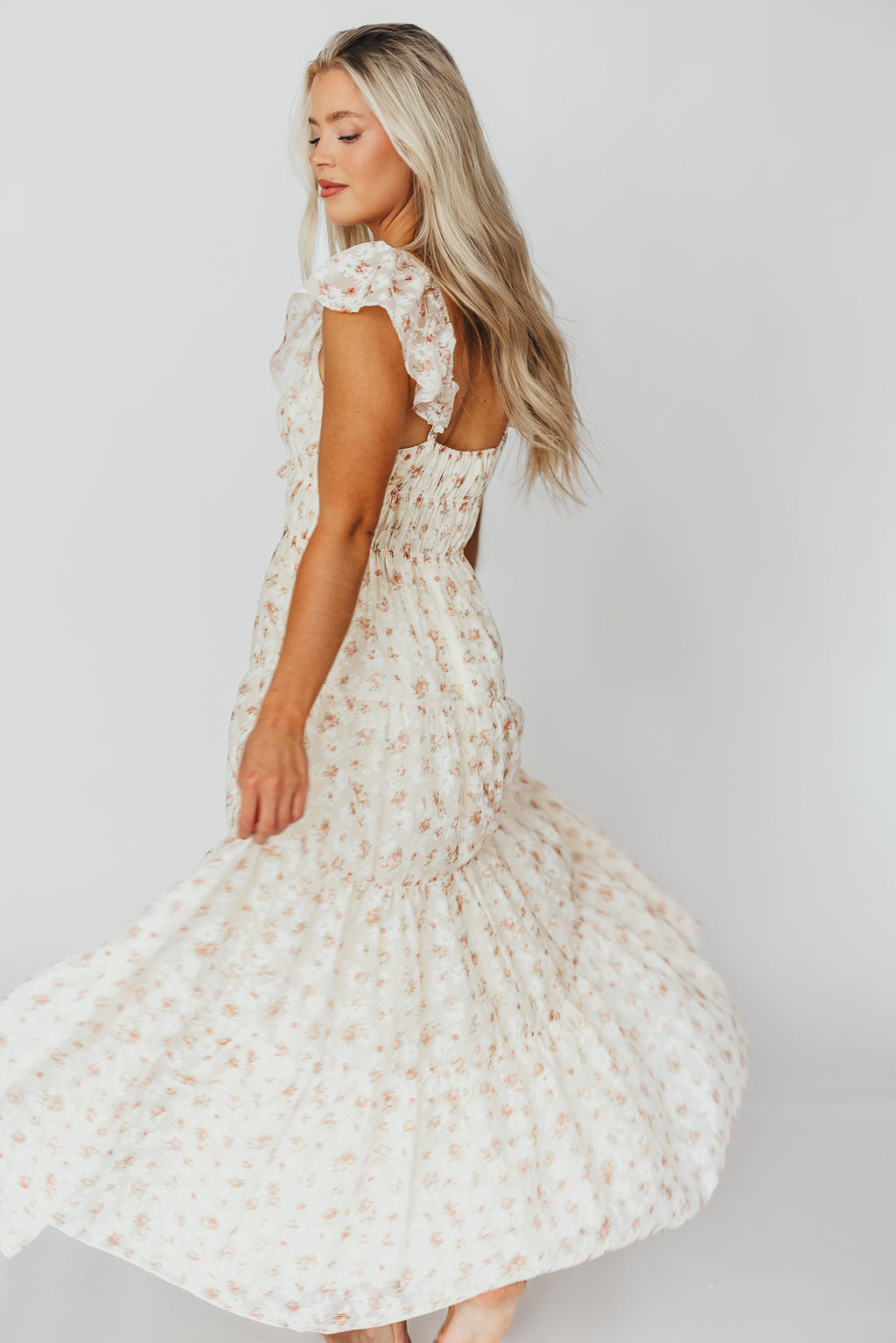 Elegant Floral & Gingham Ruffled Maxi Dress for Women - Cream Peach Summer Dress, Boho Chic Beach Wedding Guest Outfit, Perfect for Vacations & Outdoor Parties