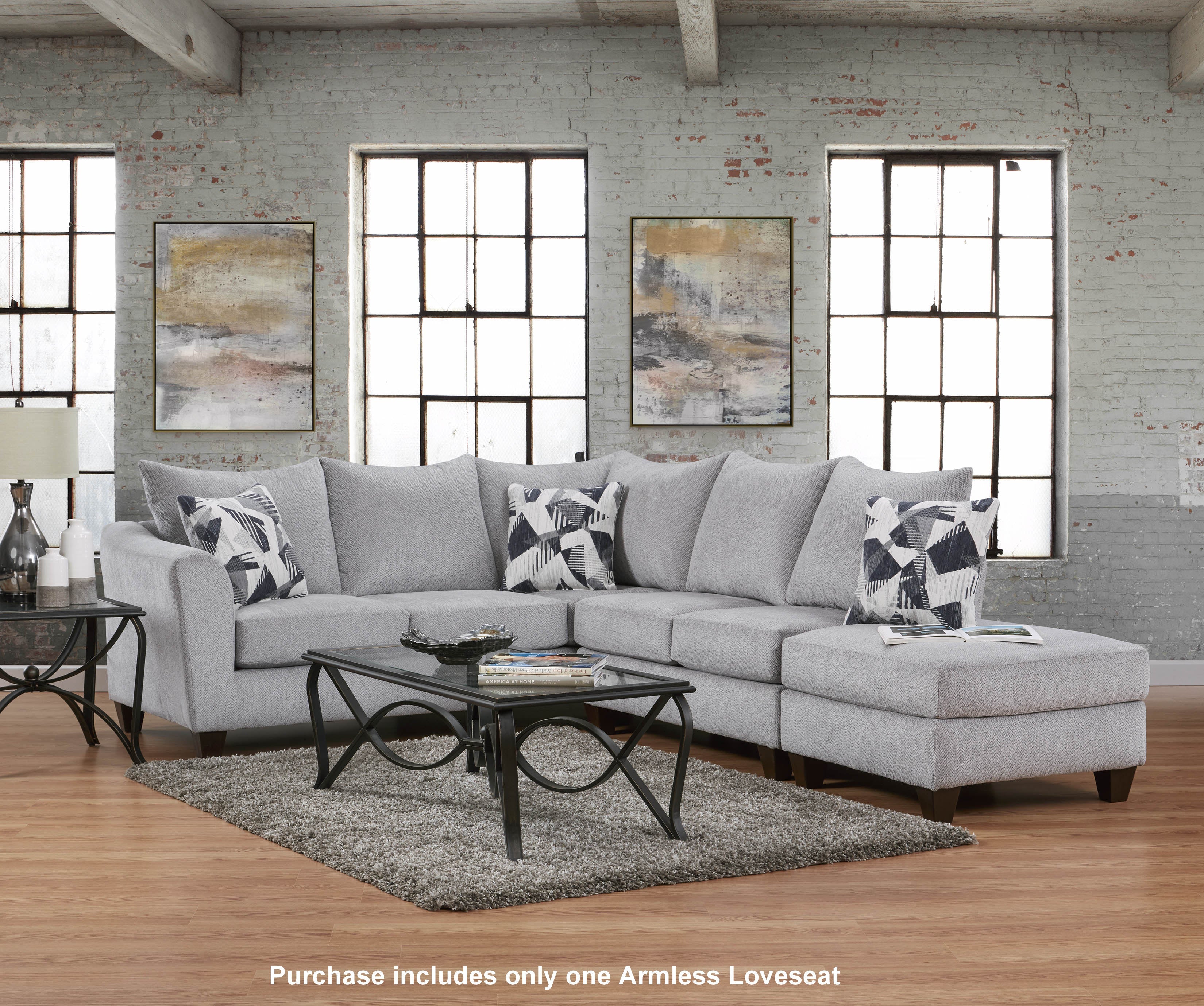 Duleek Upholstered Armless Loveseat in Herringbone Silver Fabric - Compact Sofa for Small Spaces, Living Room, Bedroom or Office