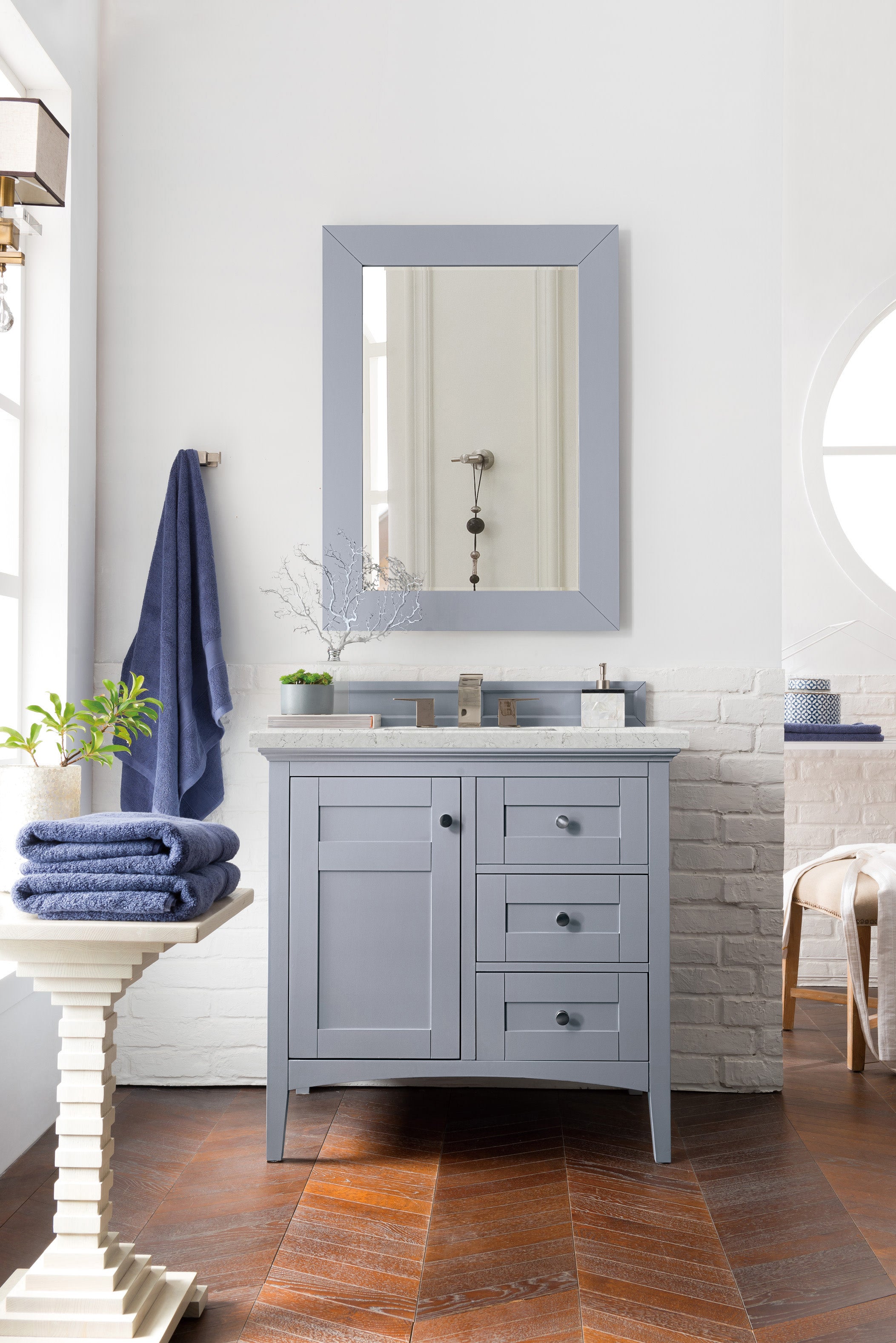 Palisades 36 Inch Single Bathroom Vanity with Eternal Jasmine Pearl Quartz Top in Silver Gray - Perfect for Modern Master Bathrooms and Guest Powder Rooms
