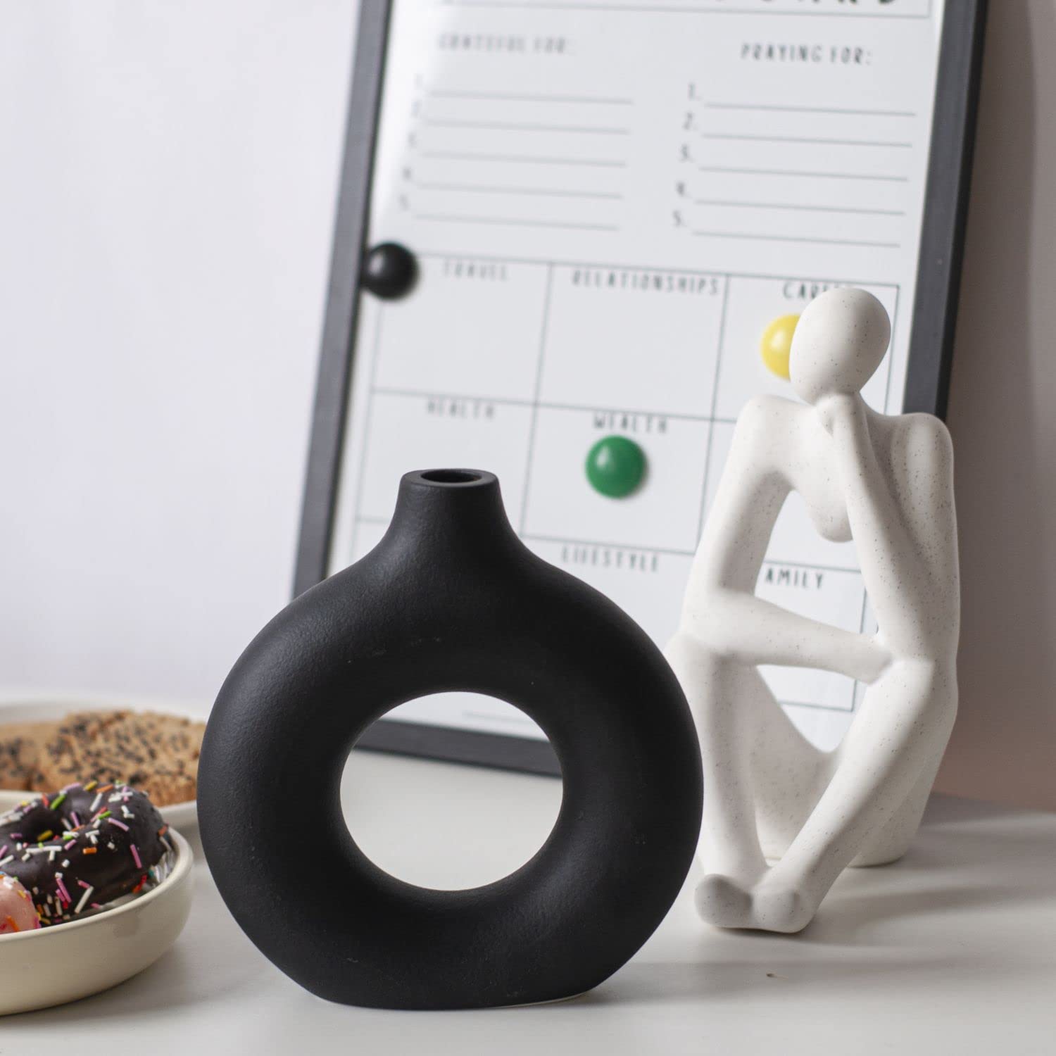 Handmade Black Hollow Ceramic Donut Vase - Minimalist Boho Style Flower Vase for Wedding, Party & Home Decor | Perfect for Dining Table, Living Room, Office & Bedroom