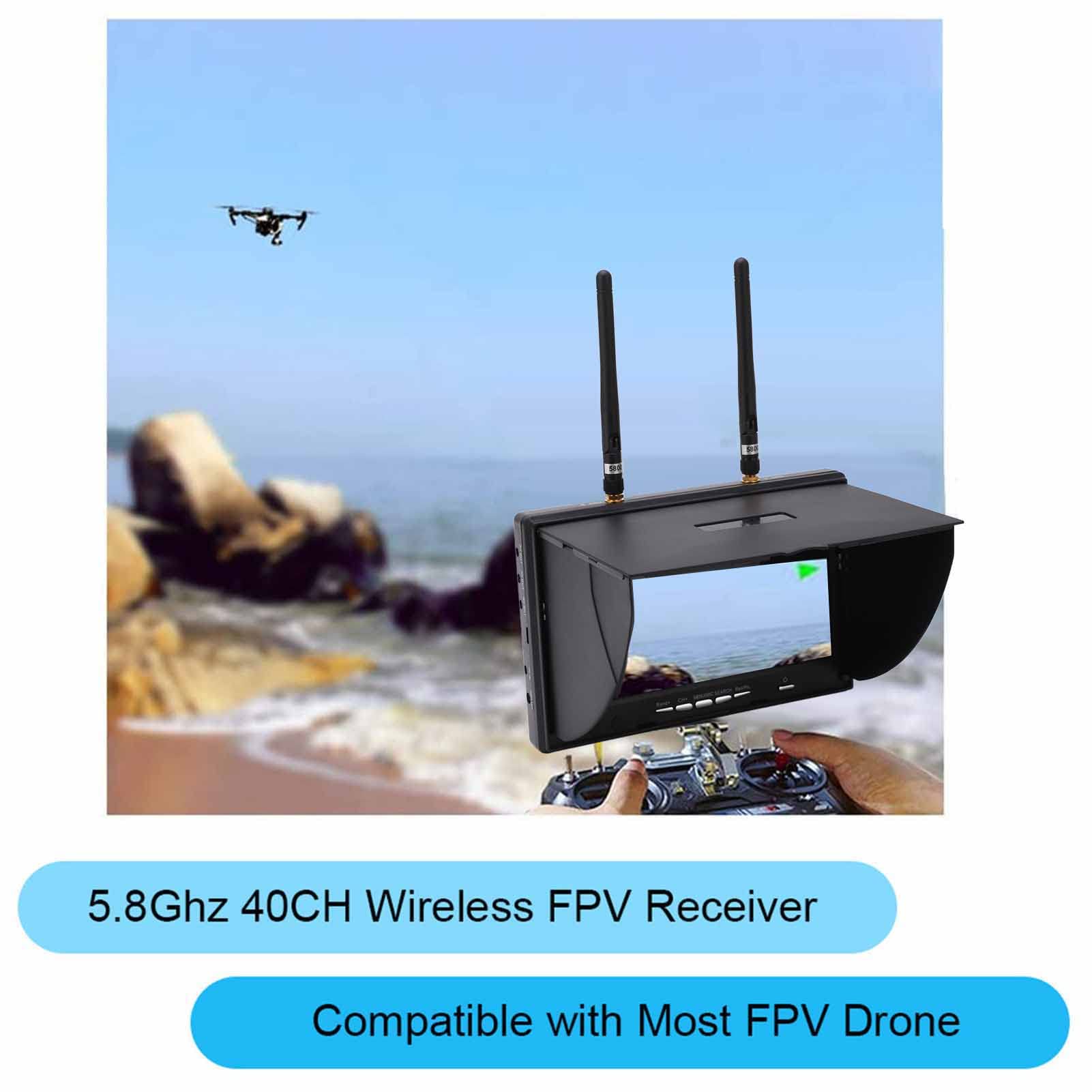 7 Inch FPV Monitor with 800x480 LCD Screen, 5.8GHz 40 Channels Dual Receiver for Drone Racing - Auto Antenna Switching, Ideal for FPV Drones, Quadcopters and RC Aircraft Flying