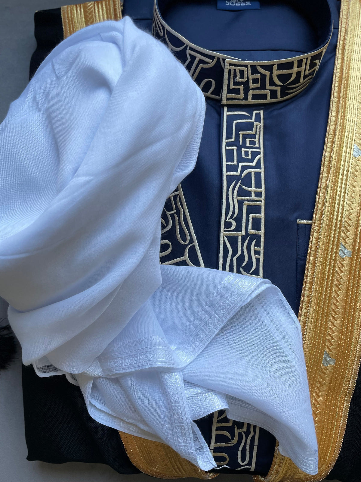 Premium Men's Blue Thobe with Gold Embroidery - 3 Piece Traditional Islamic Outfit Set for Eid, Wedding & Special Occasions