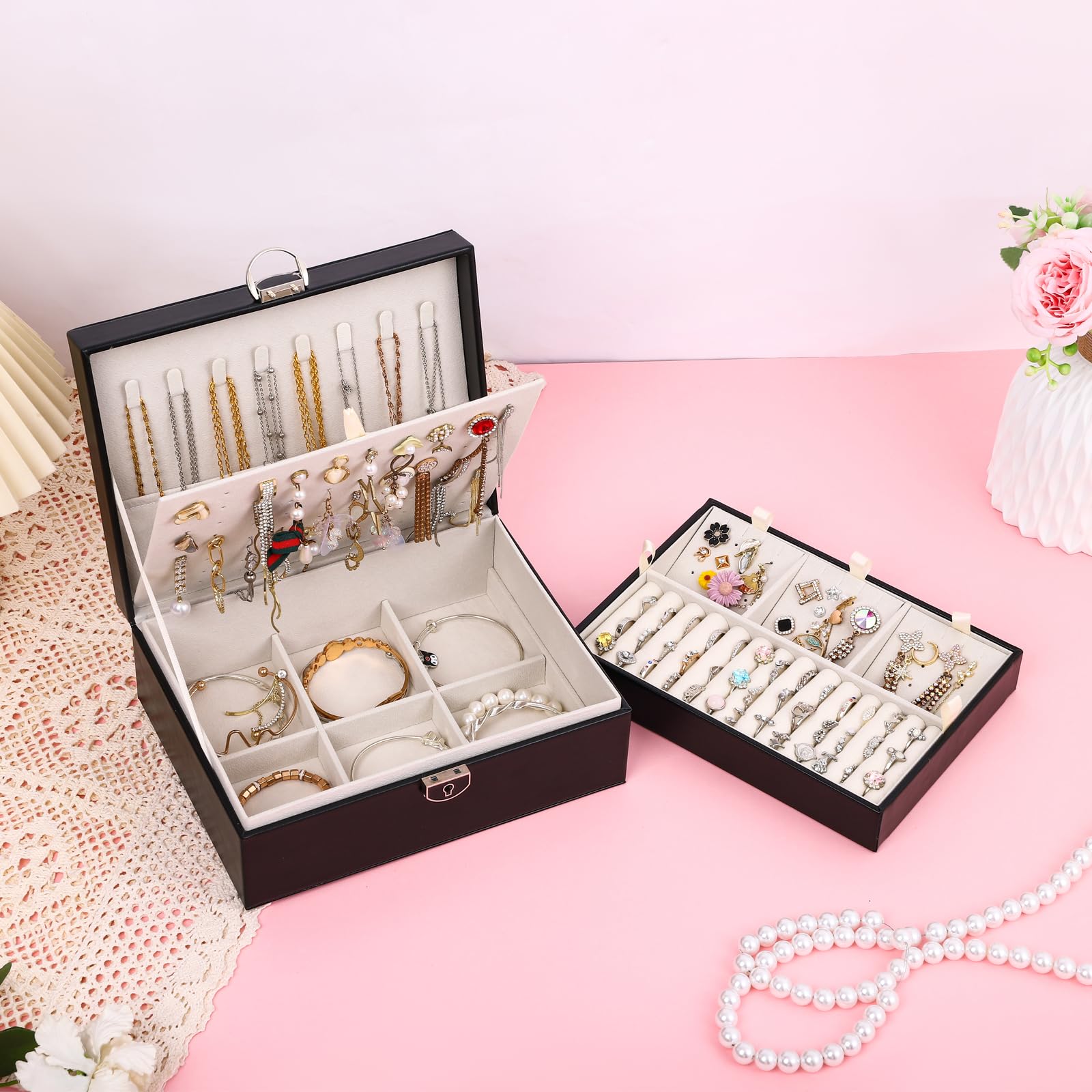 BOOVO 4-Layer Jewelry Organizer Box with Lock - Earring, Necklace, Ring Holder for Women & Girls - Perfect for Travel, Home & Gift (Black)