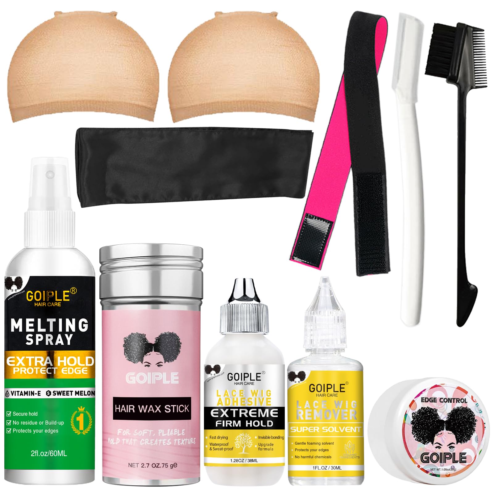 **10PCS Wig Accessory Essentials Kit - Lace Front Wig Glue & Remover, Wig Caps, Elastic Band, Hair Wax Stick, Edge Control, Edge Brush, Hair Shear, Dermaplaning Razor & Edge Scarf – Perfect for Salon, Cosplay & Everyday Styling**