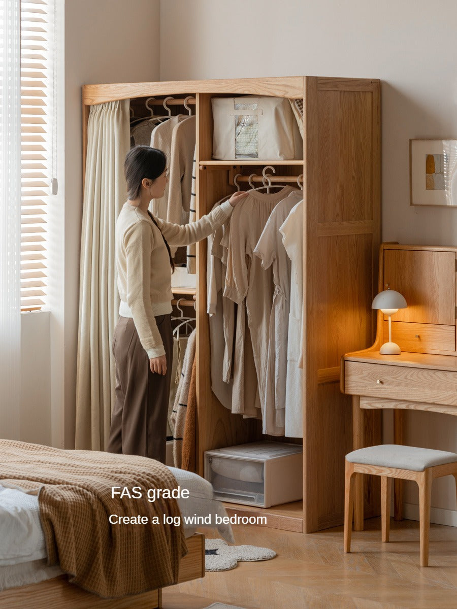 Oak Solid Wood Wardrobe with Curtain Design - Elegant Closet Storage for Bedroom, Living Room & Dorm Organization