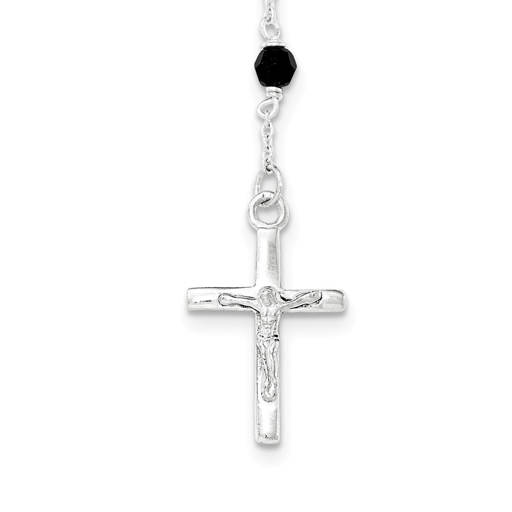 Sterling Silver Polished Black Crystal Rosary Necklace for Women - Elegant Religious Jewelry Gift for Baptism, First Communion & Prayer (Perfect for Church, Weddings & Everyday Wear)