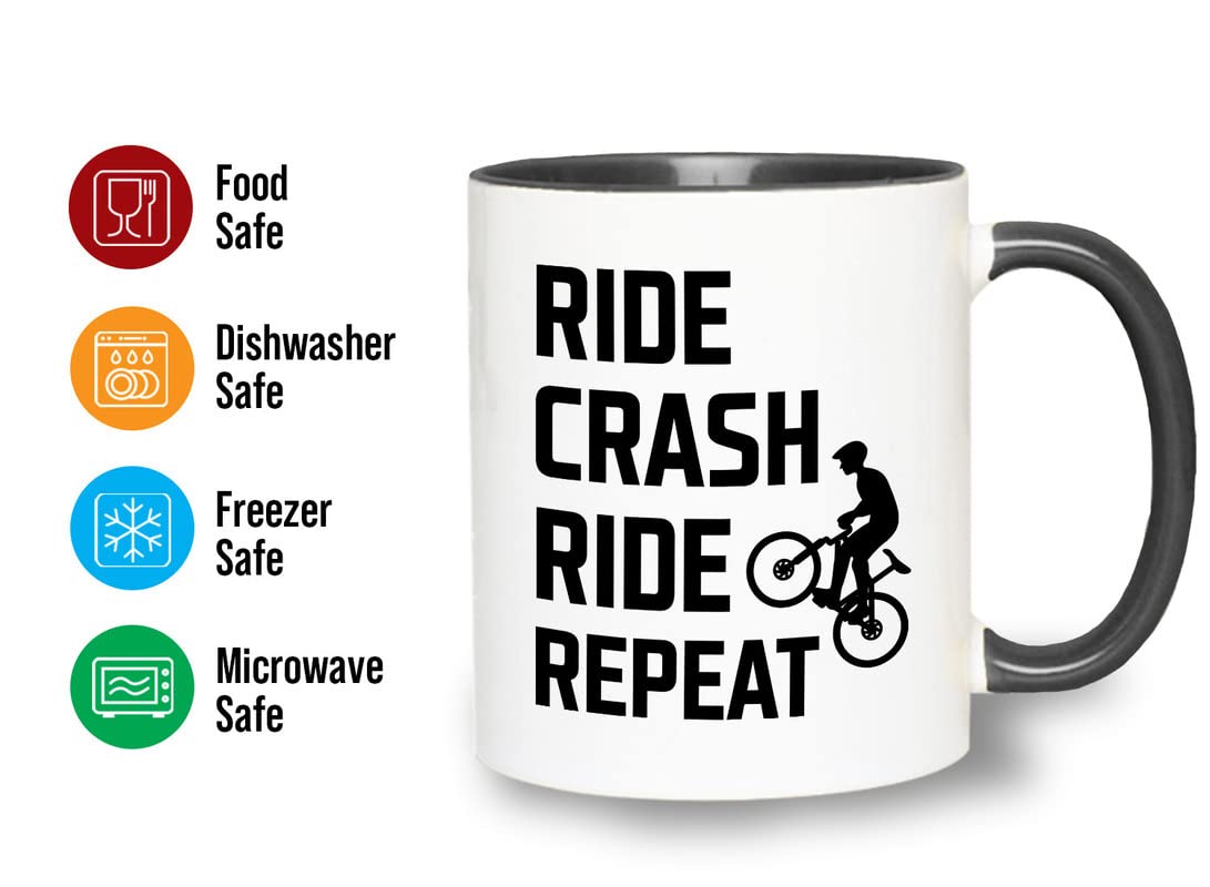 2-Tone Black 11oz Mountain Bike Coffee Mug - Ride Crash Ride Repeat - Perfect Gift for Dirt Bike, Bicycle & Road Cycling Enthusiasts - Ideal for Coffee Breaks, Office Use & Outdoor Adventures
