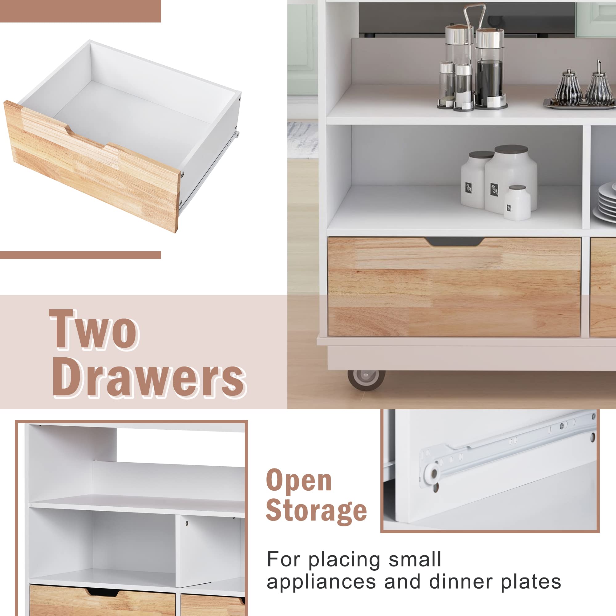 Goujxcy White Rolling Kitchen Island Cart with Lockable Casters, Adjustable Shelves, Drawers & Cabinets for Storage, Mobile Kitchen Cart for Small Spaces, Dining Room & Apartment Use (A1-Brown2)
