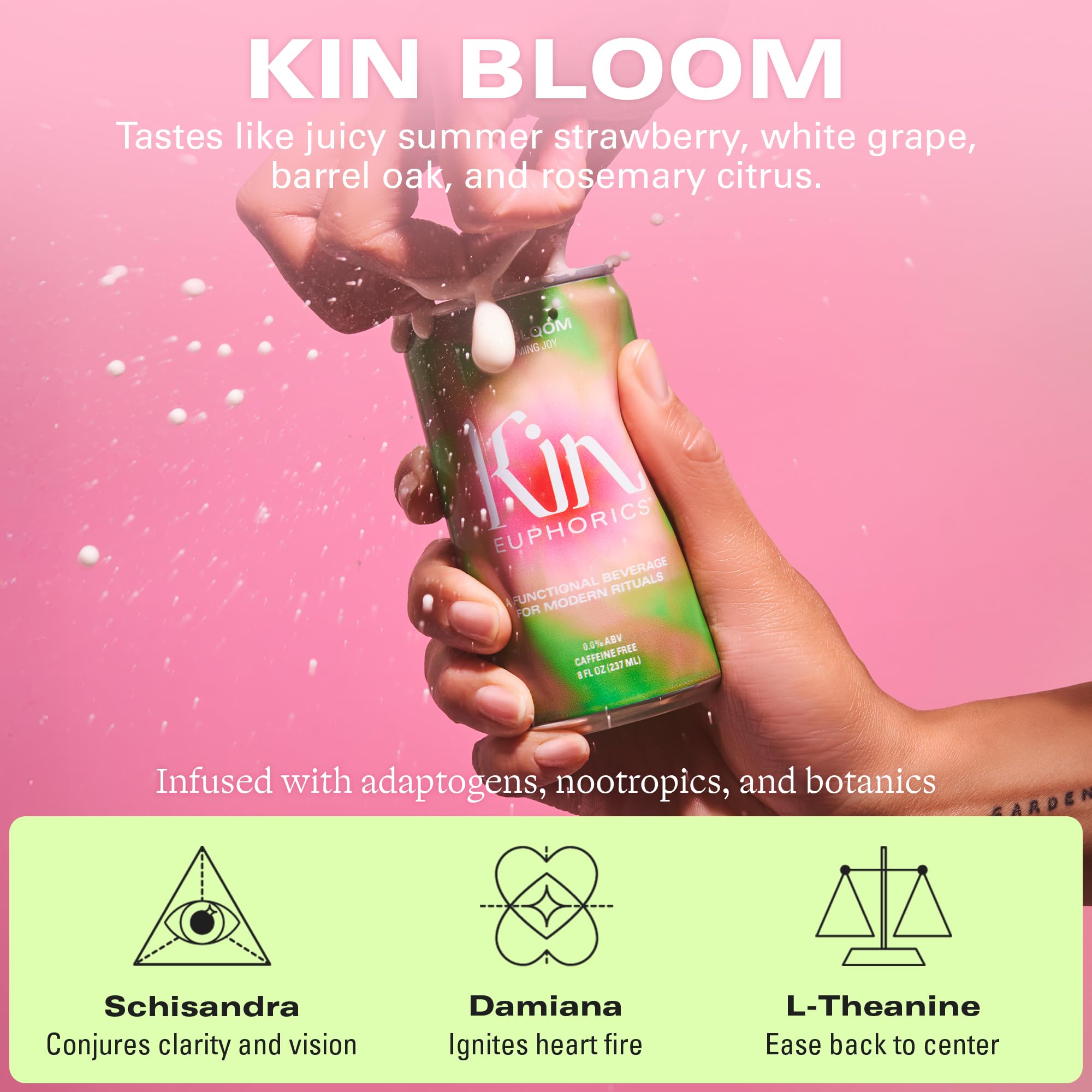 Kin Euphorics Kin Bloom Non-Alcoholic Functional Beverage - 8 Fl Oz (8pk) | Elevate Mood & Focus with L-Theanine, Schisandra | Prebiotic Strawberry White Grape Flavor | Perfect for Work, Yoga or Social Gatherings