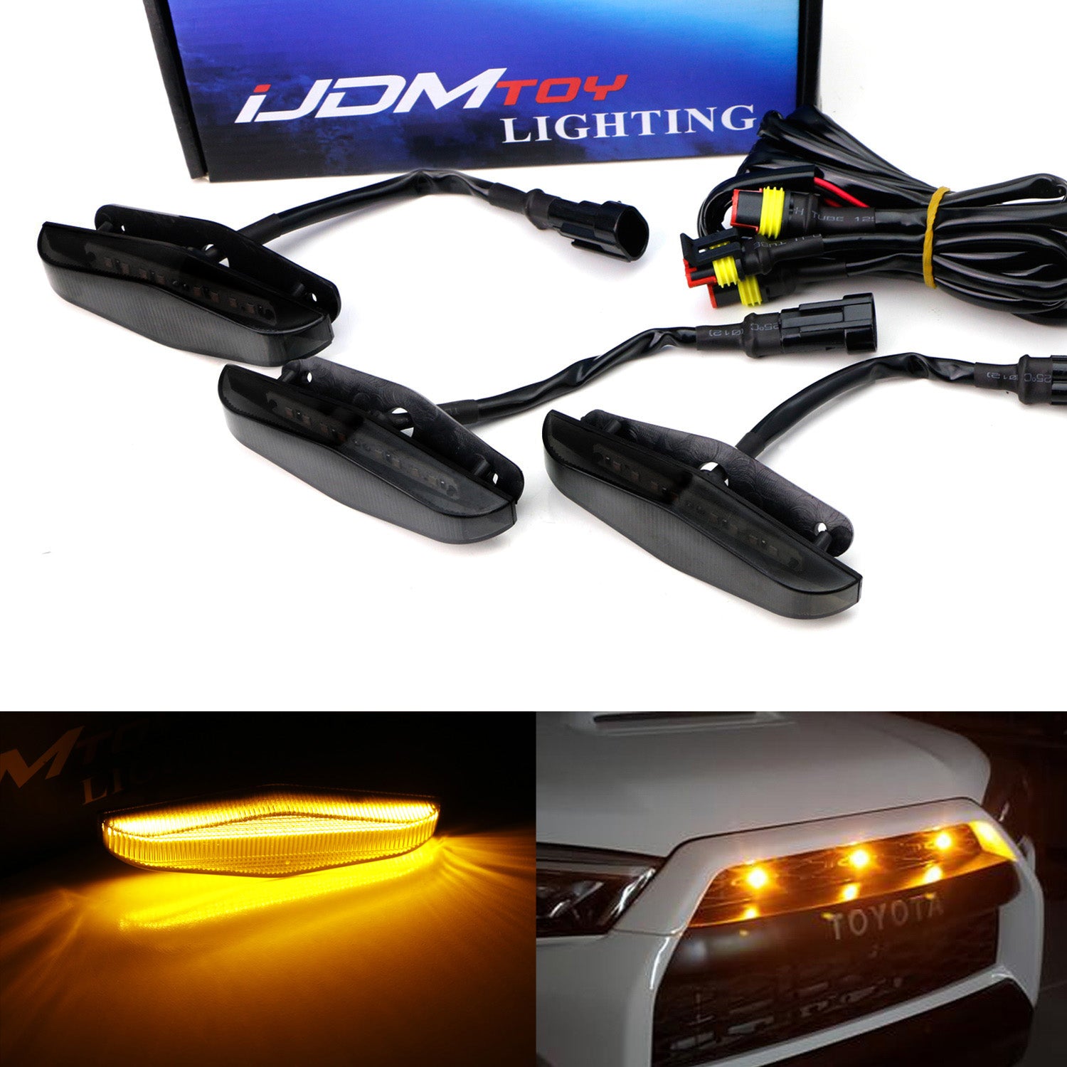 3pc Set Smoked Lens Amber LED Front Grille Light Kit for 2014-2023 Toyota 4Runner - Off-Road Lighting Upgrade for Enhanced Visibility & Style