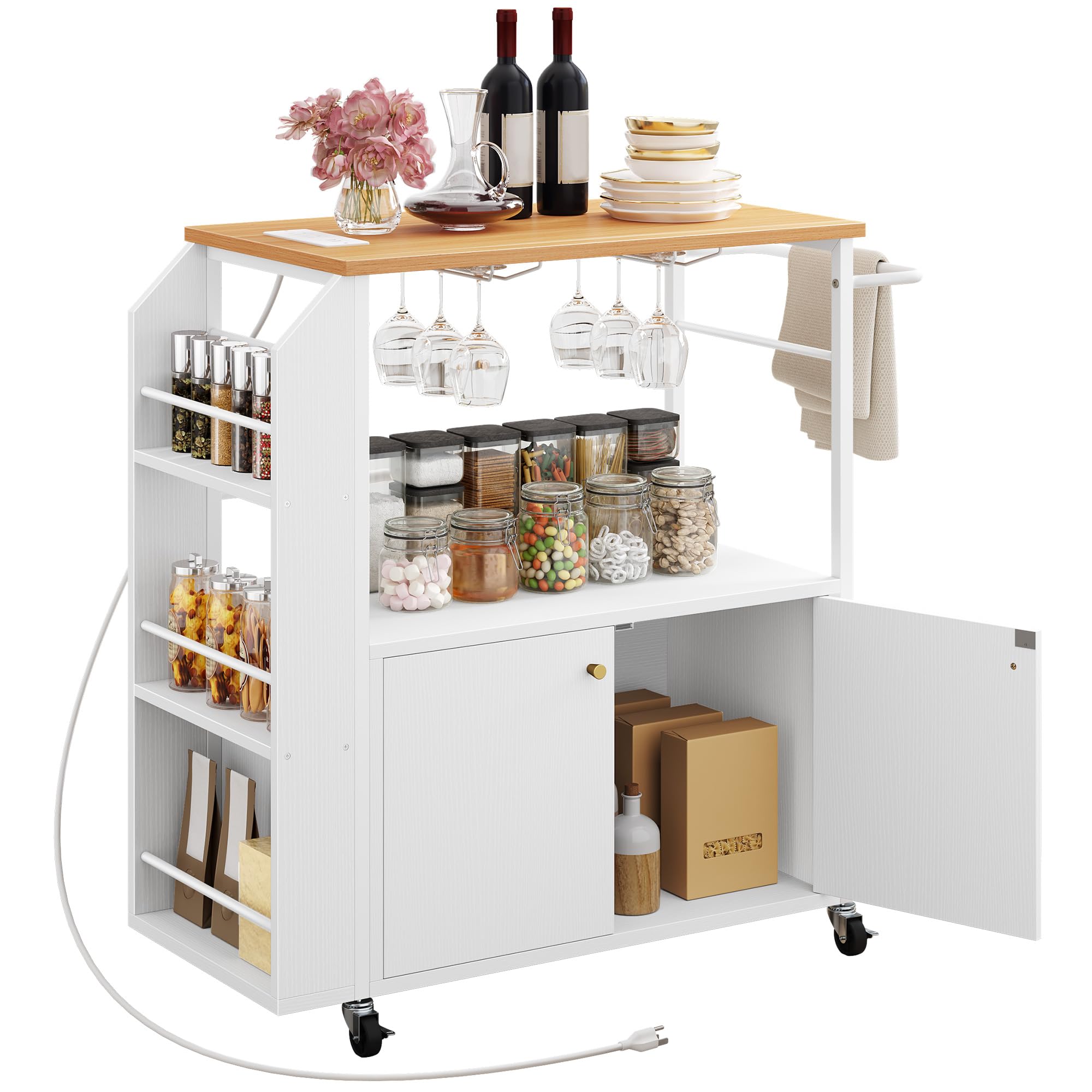 YITAHOME 33-Inch White Mobile Kitchen Island Cart with Power Outlet & Storage - Rolling Serving Utility Cart with Wheels & Open Shelves - Perfect for Small Kitchens, Dining Rooms & Entertaining