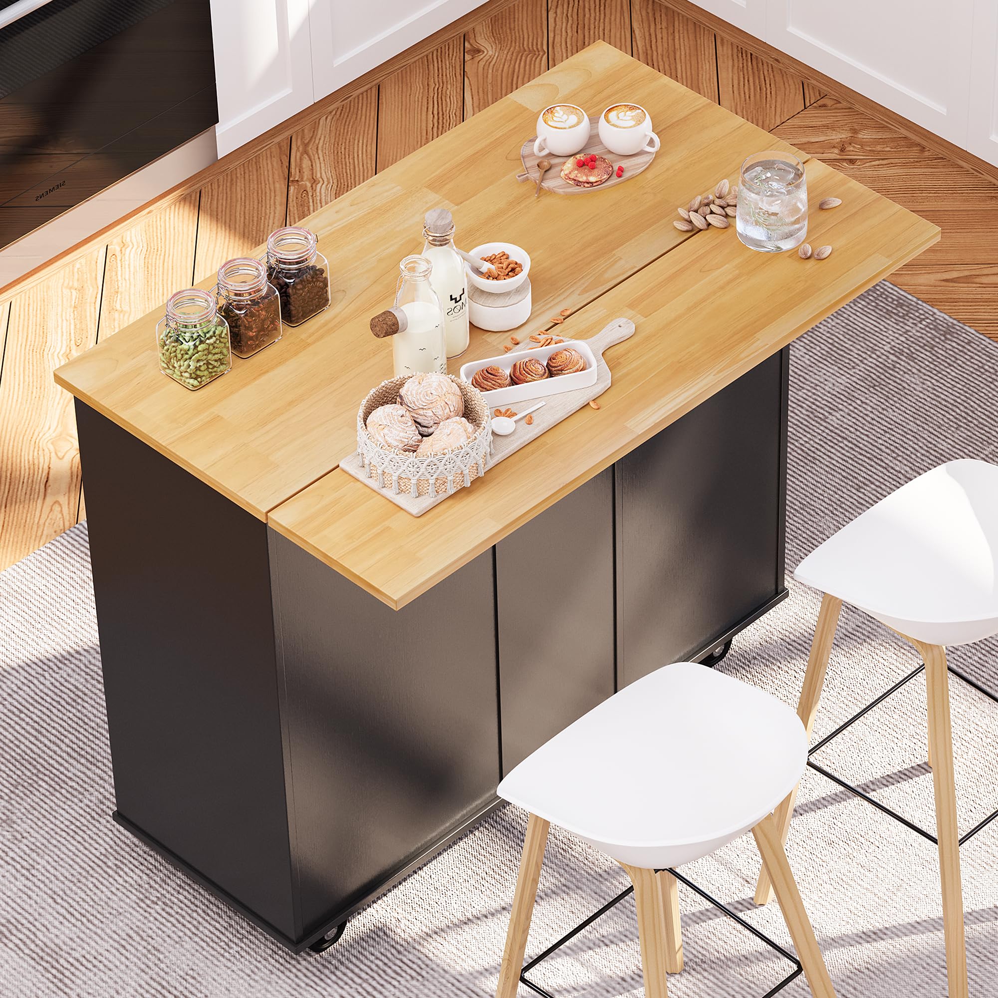 SUNLEI 39.7-Inch Rolling Kitchen Island with Storage Cabinet, Foldable Drop Leaf & Towel Rack Handle - Portable Mobile Kitchen Cart for Small Spaces, Dining Extension, Food Prep & Extra Counter Space (Classic Black)