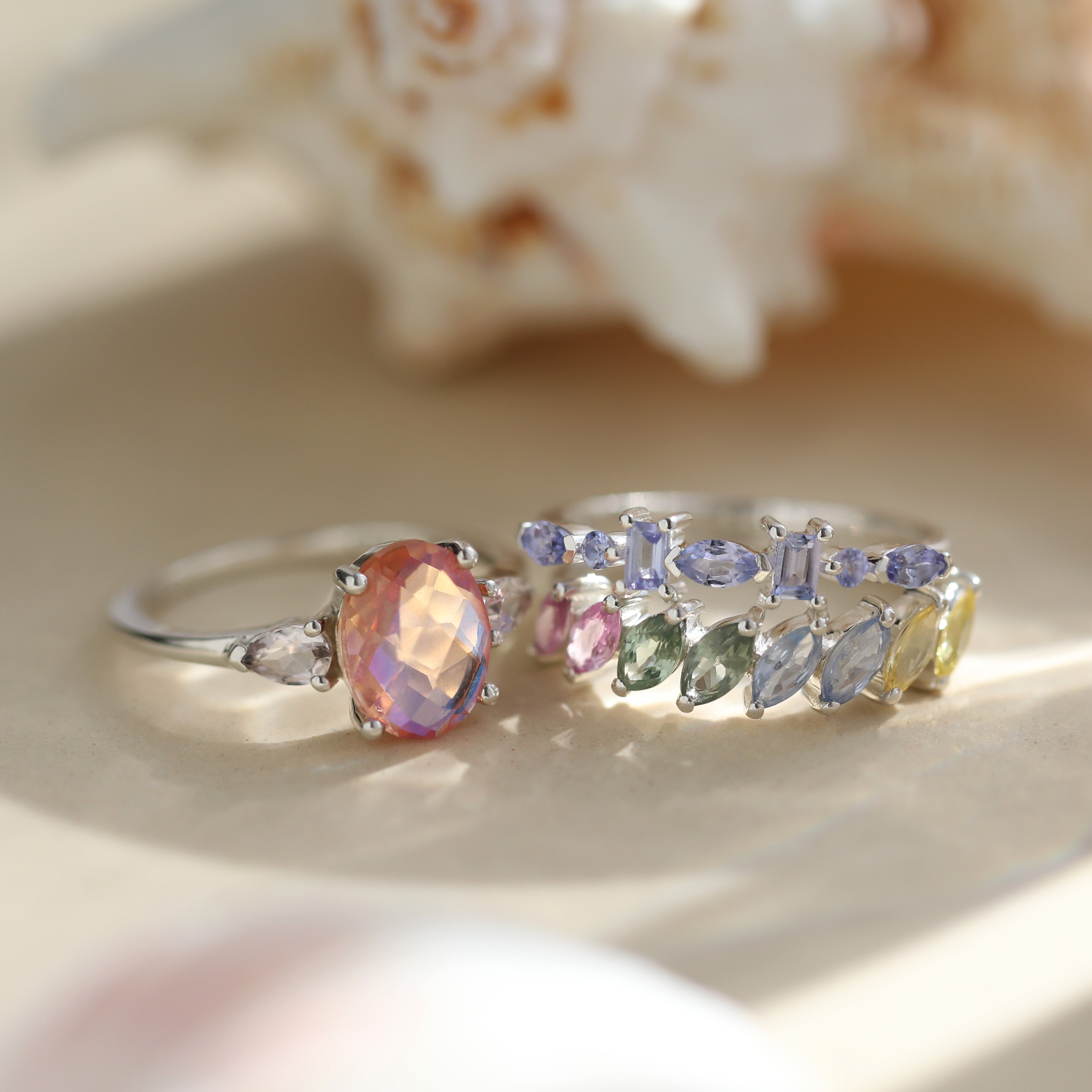 Della Rainbow Sapphire Ring for Women - 14K Gold Plated Genuine Sapphire Jewelry - Elegant Gift for Anniversary, Birthday & Valentine's Day - Perfect for Everyday Wear & Special Occasions