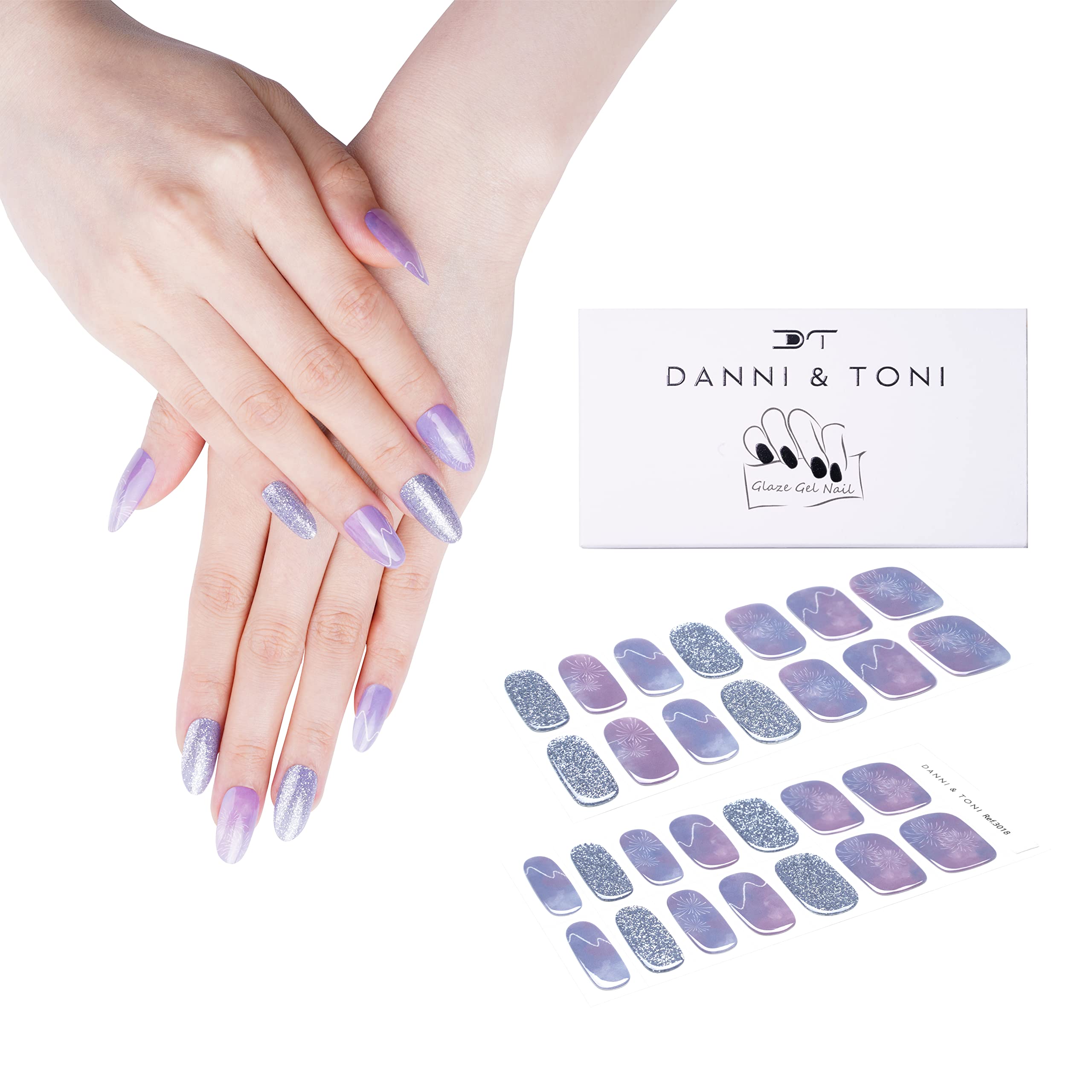 DANNI & TONI Semi Cured Gel Nail Strips - Purple Glitter Fireworks Gradient Nail Stickers (28 Count) | Long-Lasting DIY Manicure for Parties, Weddings & Special Occasions