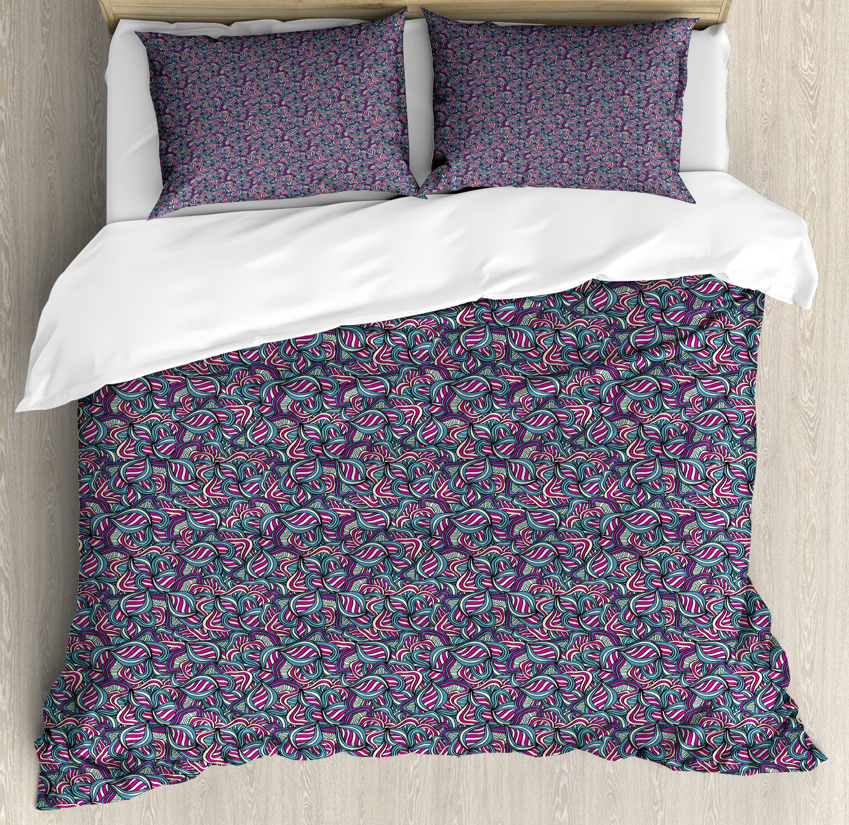 Ambesonne Bohemian Abstract Duvet Cover Set - Queen Size 3-Piece Bedding with Wavy Line Design in Fuchsia, Slate Blue & Cream | Hand-Painted Style for Modern Bedroom Decor | Perfect for Guest Rooms, Master Suites & Bohemian-Themed Interiors