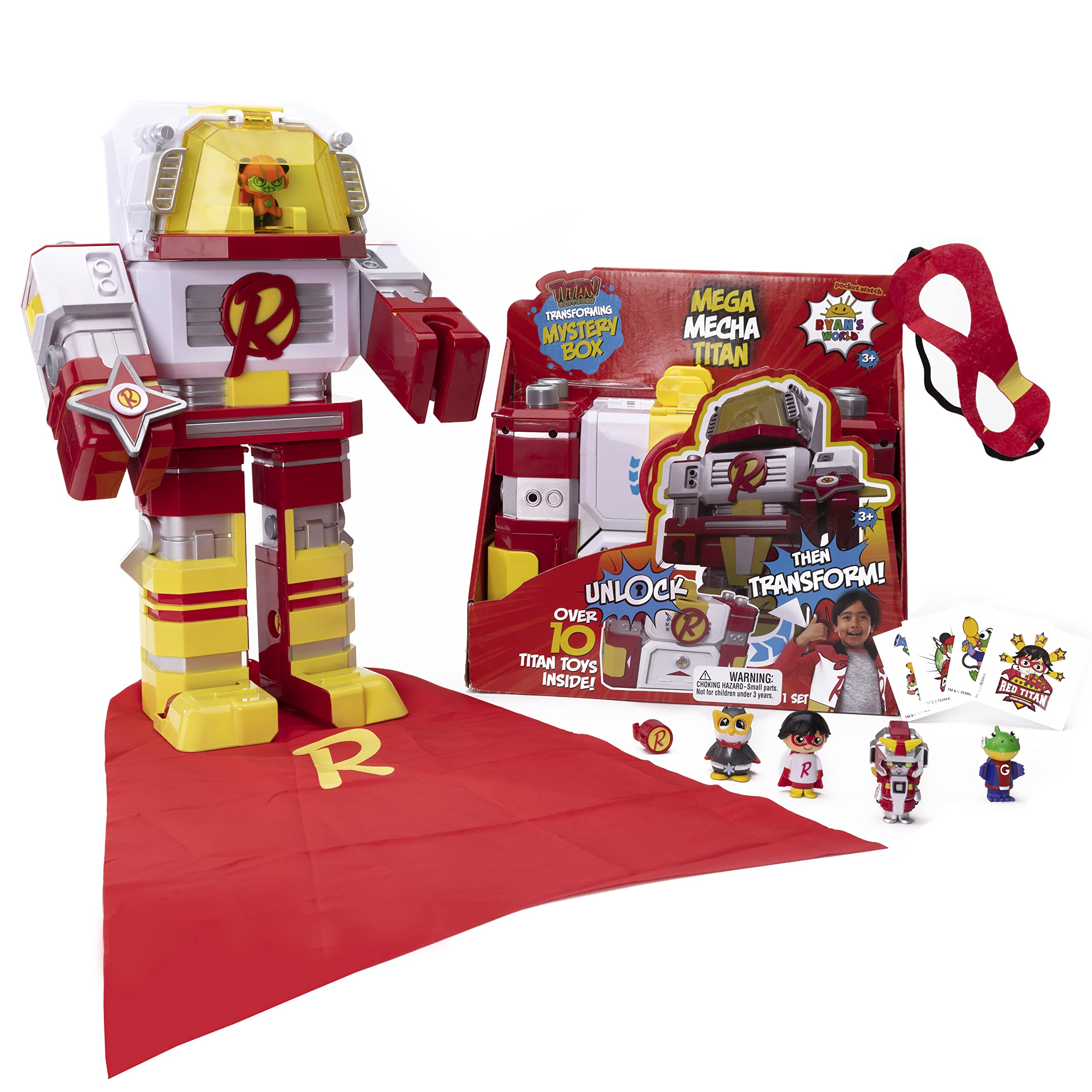 Ryan's World Mega Mecha Titan Robot - Transforming Chest to Red Titan Robot | 5 Micro Figures, Spinner, Wearable Eye Mask & Cape, Stickers Included | Perfect for Kids' Playtime, Birthday Gifts & Action Figure Collectors