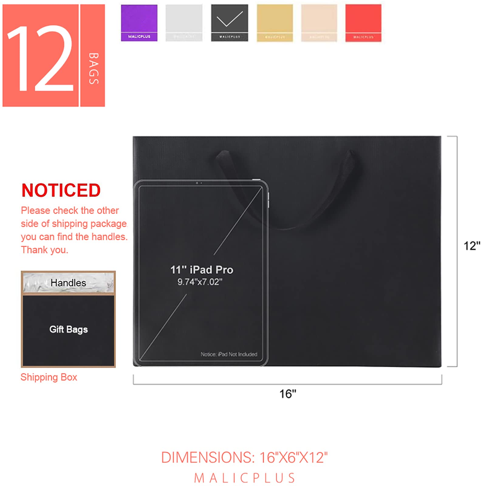12 Extra Large Gift Bags 16x6x12 Inches - Premium Matte Black Luxury Gift Bags with Sturdy Handles for Birthday, Wedding, Christmas & All Occasions (Elegant Grain Textured Finish) - Perfect for Party Favors, Corporate Gifts & Holiday Packaging