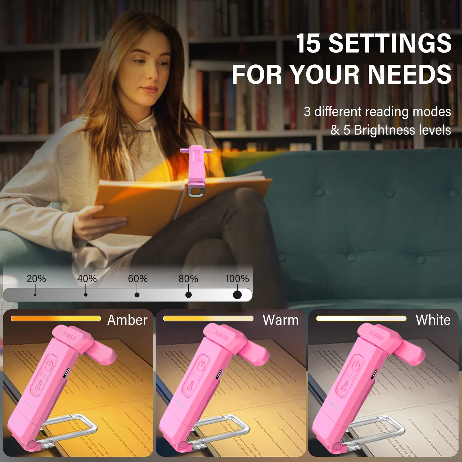 Vekkia 10 LED USB Rechargeable Clip-On Book Light - 3 Color Modes & 5 Brightness Levels, Portable Reading Lamp for Bed, Night Reading, Travel, and Book Lovers (Pink)