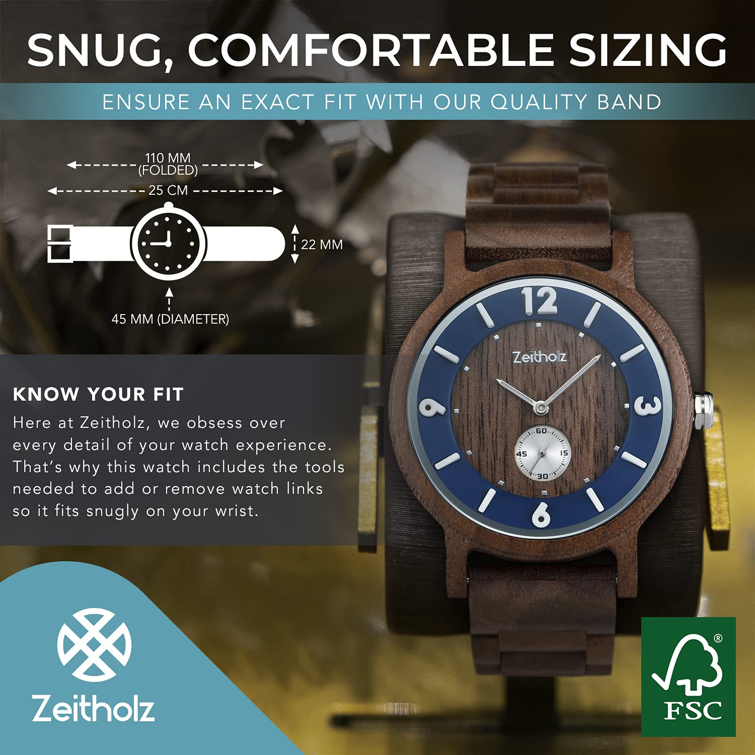 Zeitholz Men's Wooden Watch - 44mm Analog Wood Watch with Japanese Quartz Movement, 100% Natural Walnut Wood - Perfect for Casual Wear, Outdoor Activities & Unique Gifts for Men (Schmiedeberg Collection)