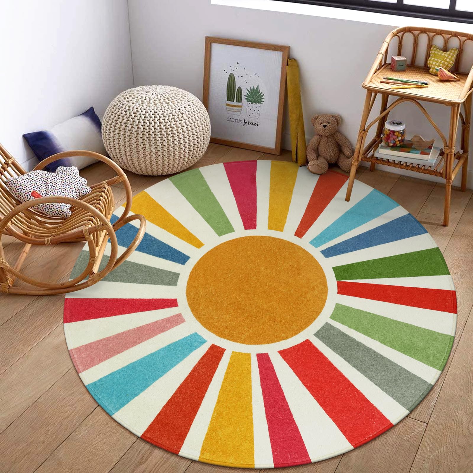 STARUIA 6 Ft Round Boho Rug - Washable Non-Slip Circular Area Rug for Kids Playroom, Bedroom & Classroom | Soft Rainbow Carpet for Nursery, Dorm & Living Room Decor | Boho Chic Home Accent