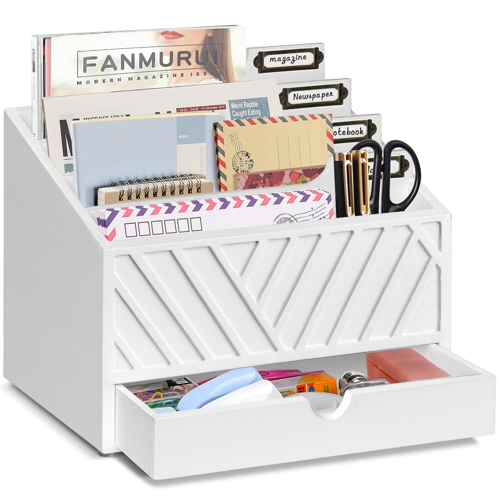 Wooden Mail Organizer with 4 Large Compartments & Drawer - Countertop Desk File Sorter for Letters, Papers, Folders - Perfect for Home Office, Mailroom & Workspace Organization