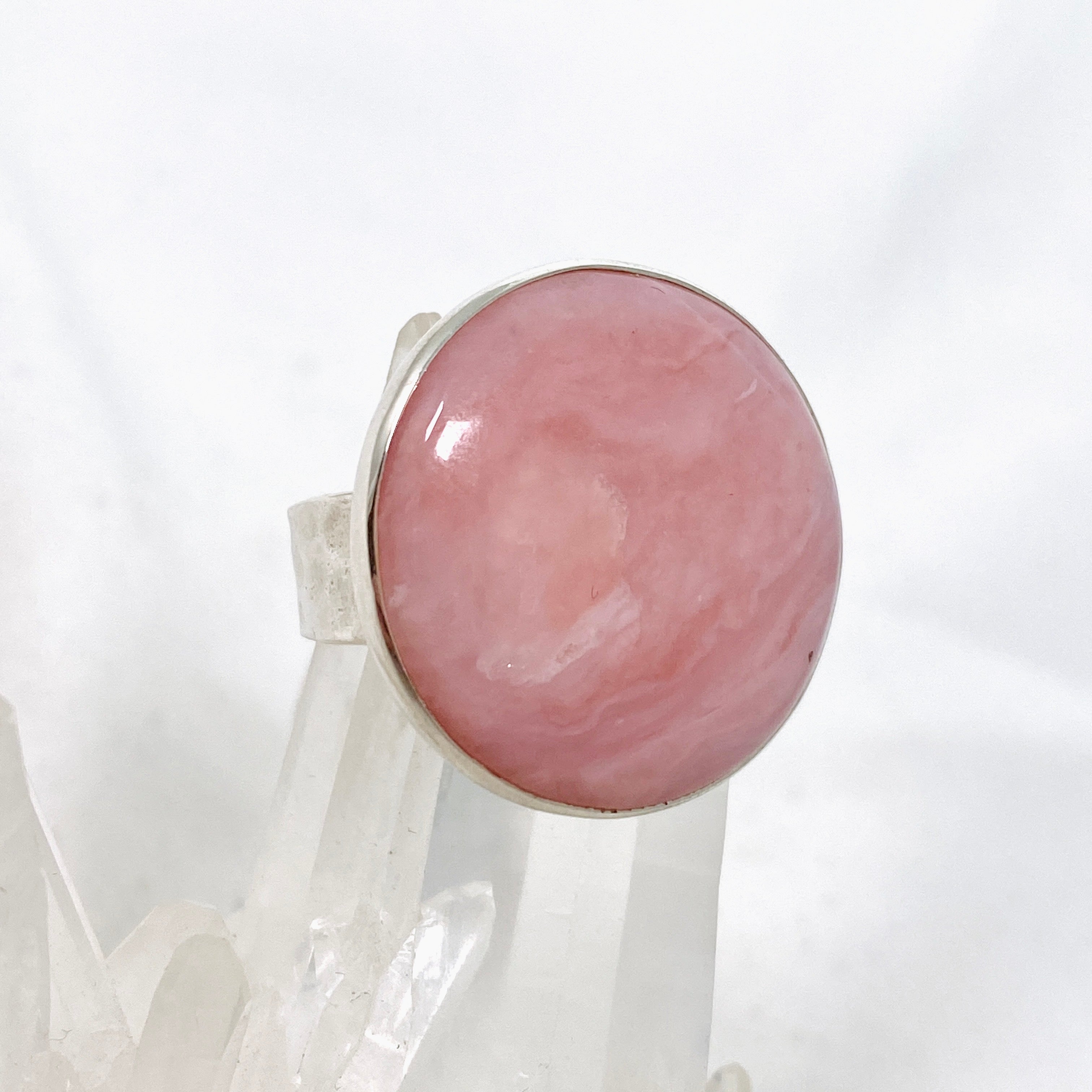 Pink Opal Round Cabochon Ring - Hammered Sterling Silver Size 9.5 (KRGJ3305) | Elegant Boho Jewelry for Women, Perfect for Everyday Wear & Special Occasions