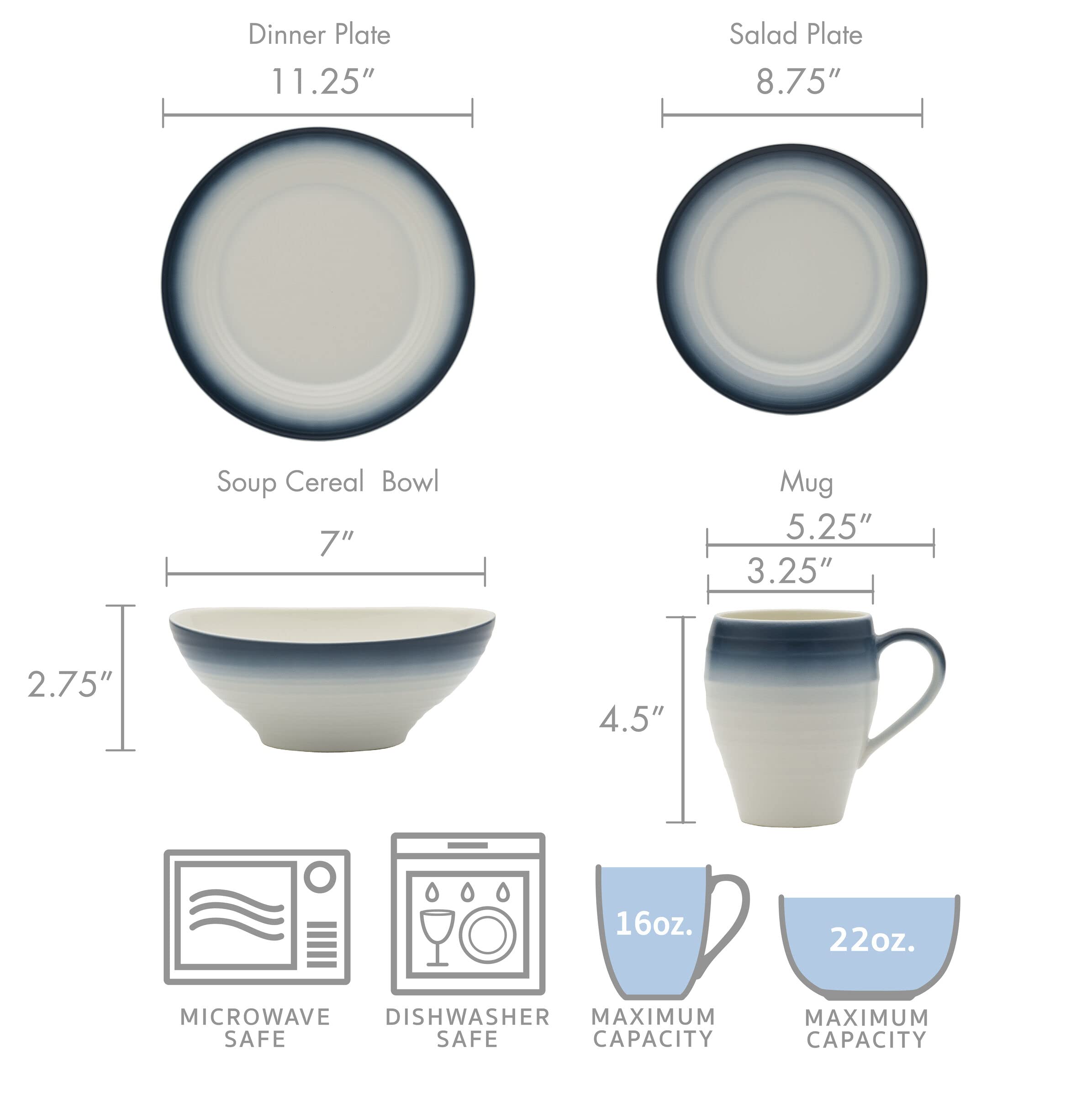 Mikasa Swirl 16-Piece Dinnerware Set for 4 - Elegant Blue Porcelain Plates, Bowls & Mugs - Perfect for Family Dinners, Entertaining Guests & Everyday Use
