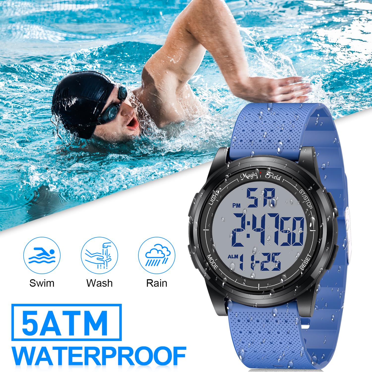 ManChDa Digital Sports Watch for Women & Men - Waterproof, Blue Rubber Strap with White Dial - Perfect for Running, Swimming & Outdoor Activities