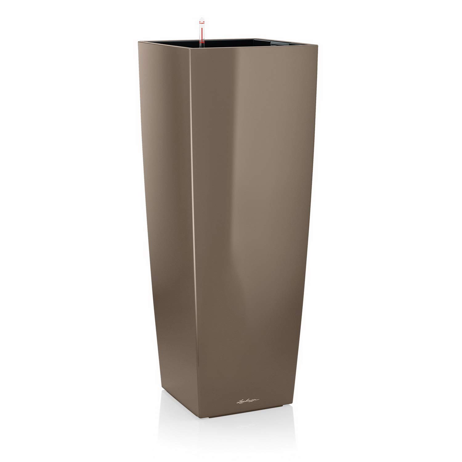 Lechuza CUBICO Alto Self-Watering Planter Large - 40x40x105cm Indoor/Outdoor Garden Flower Pot with Drainage & Substrate - Durable Poly Resin in Shiny Taupe - Perfect for Living Rooms, Patios & Office Decor