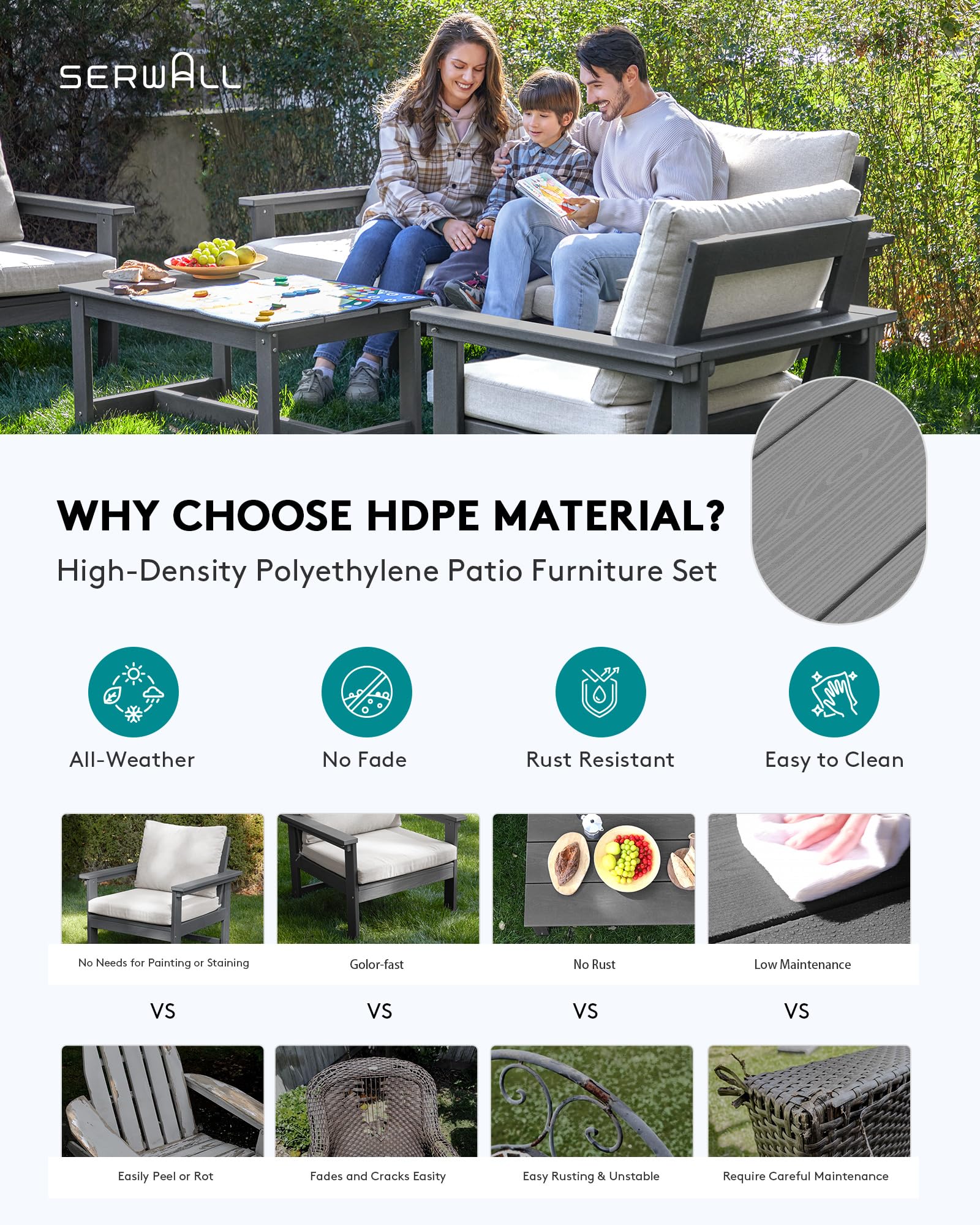 SERWALL 6-Piece HDPE All-Weather Outdoor Patio Furniture Set - Grey Sectional Couch with Cushions for Deck, Garden, Backyard & Poolside Relaxation | Durable Conversation Set for Lawn, Porch & Outdoor Living Spaces