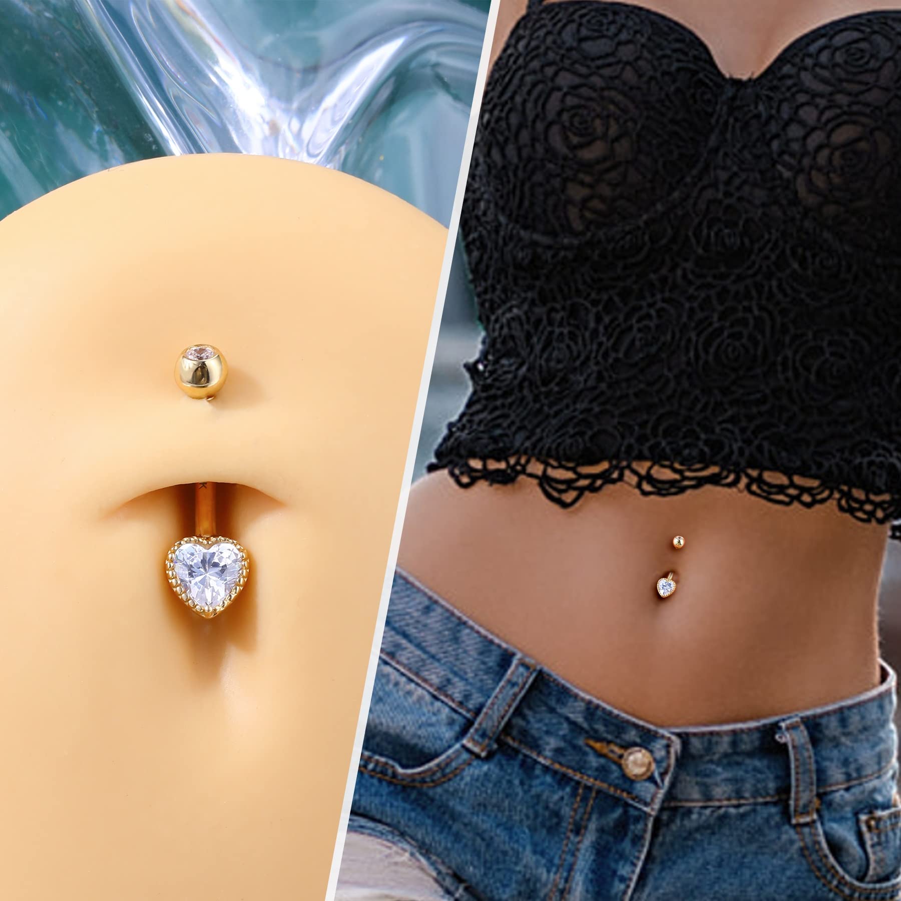 COCHARM 14K Real Gold Belly Button Rings - Cute Short & Long Upper Navel Piercing Jewelry - 16g/14g Rook Barbell - Perfect for Everyday Wear, Parties & Body Jewelry Collection