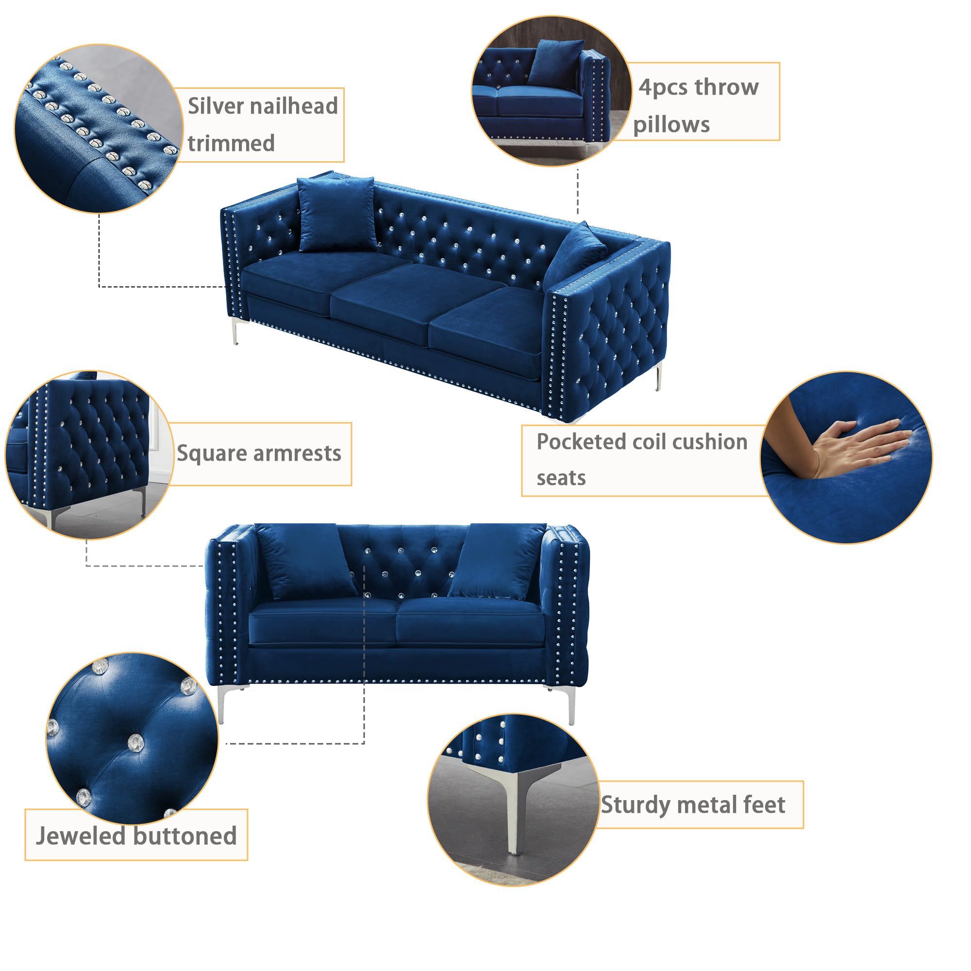 Harper & Bright Designs 2-Piece Blue Velvet Sofa Set with Jewel Buttons - 3-Seater Couch & Loveseat, Square Arm Modern Living Room Furniture with 4 Throw Pillows for Home, Office & Lounge Areas