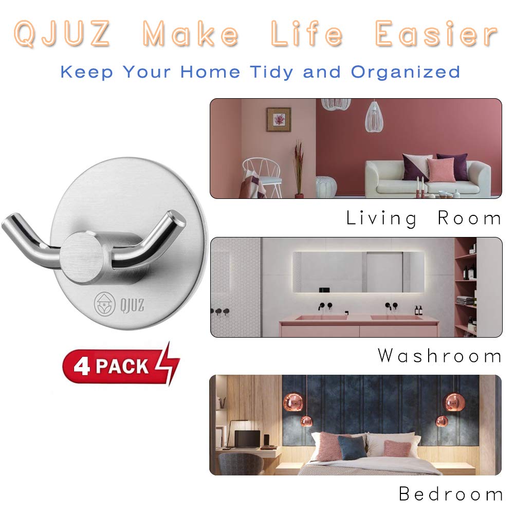 QJUZ Double Prong Adhesive Wall Hooks - Heavy Duty Stainless Steel Bathroom & Kitchen Organizer for Towels, Robes, Keys, Bags, Coats & Hats (4 Pack) - Perfect for Shower, Entryway & Closet Organization