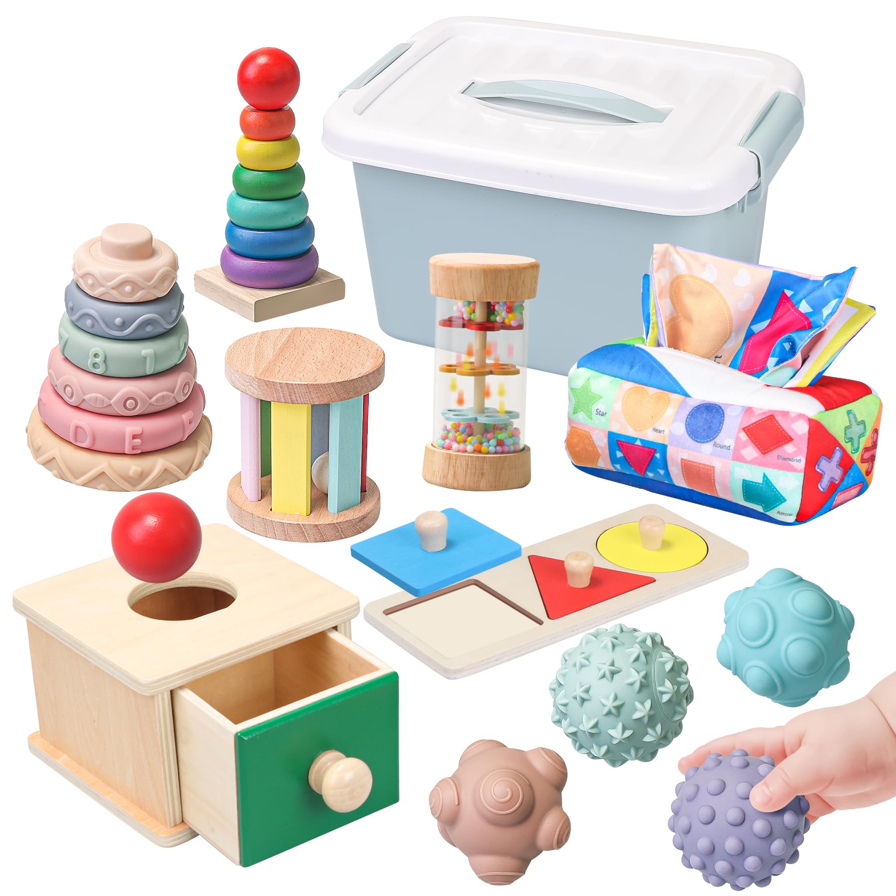 Montessori Wooden Sensory Toys for Babies 6-18 Months - 8 in 1 Educational Learning Set with Tissue Box Toy, Rainmaker & More - Perfect for Early Development, Daycare, and Home Play