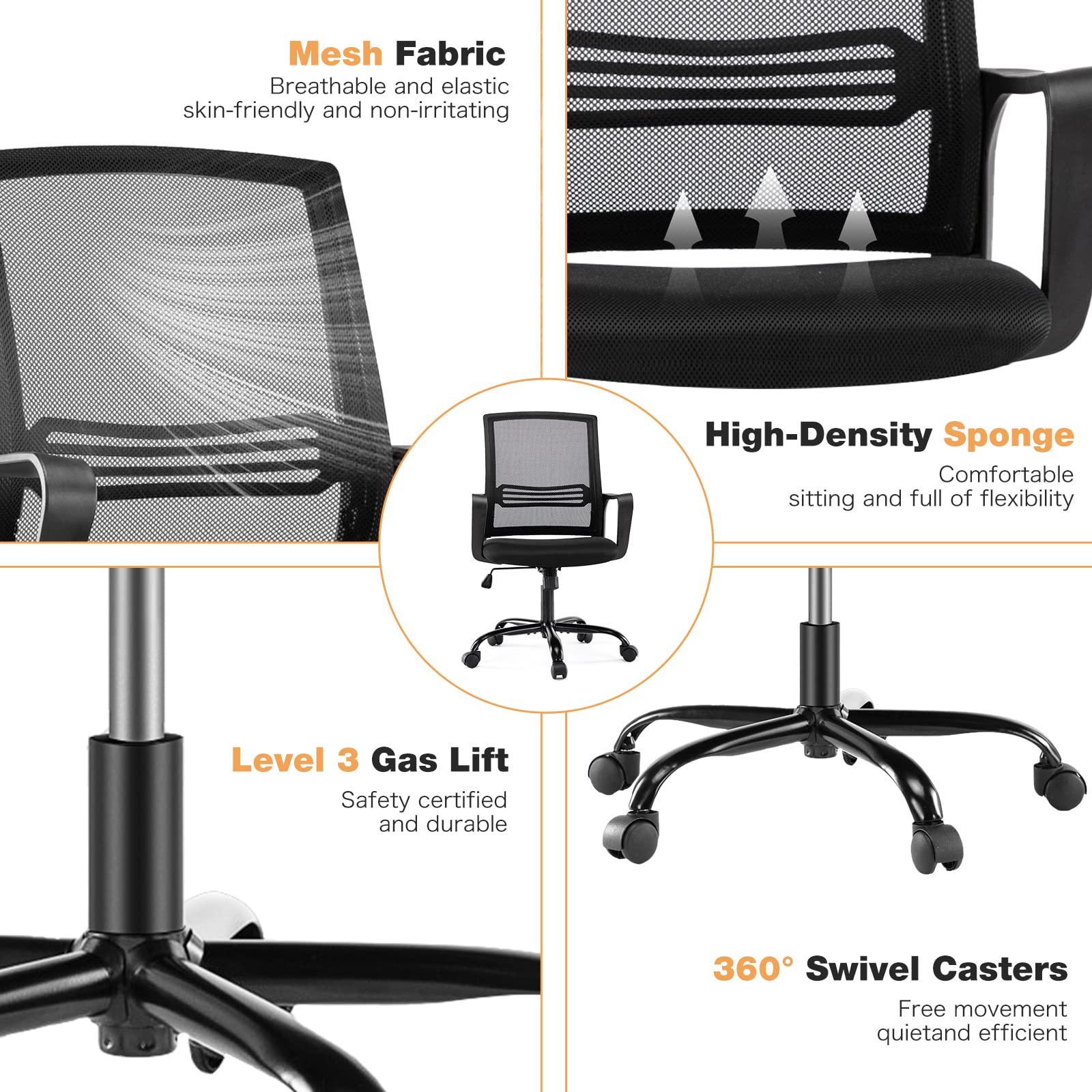 Ergonomic Mesh Office Chair with Wheels & Lumbar Support - Adjustable Mid Back Computer Desk Chair with Armrests, Swivel Rolling Task Chair for Home Office, Black - Perfect for Long Work Hours & Gaming Sessions