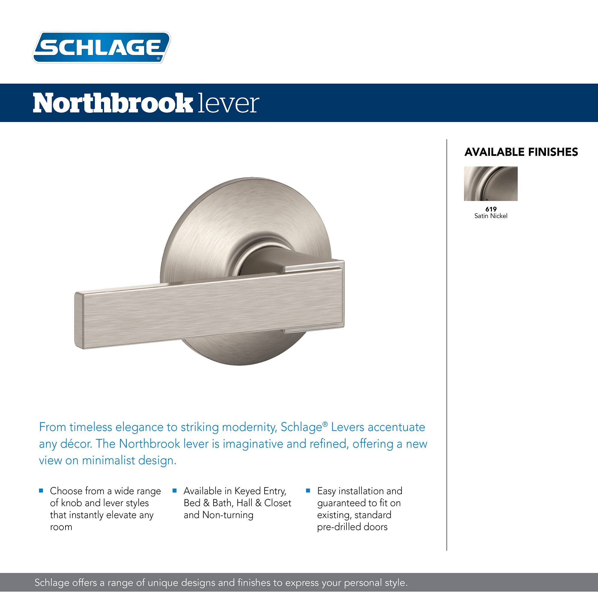 Schlage F10 NBK 619 ULD Northbrook Door Lever with Upland Trim - Hall & Closet Passage Lock in Satin Nickel Finish | Perfect for Interior Doors, Bedrooms, and Office Spaces