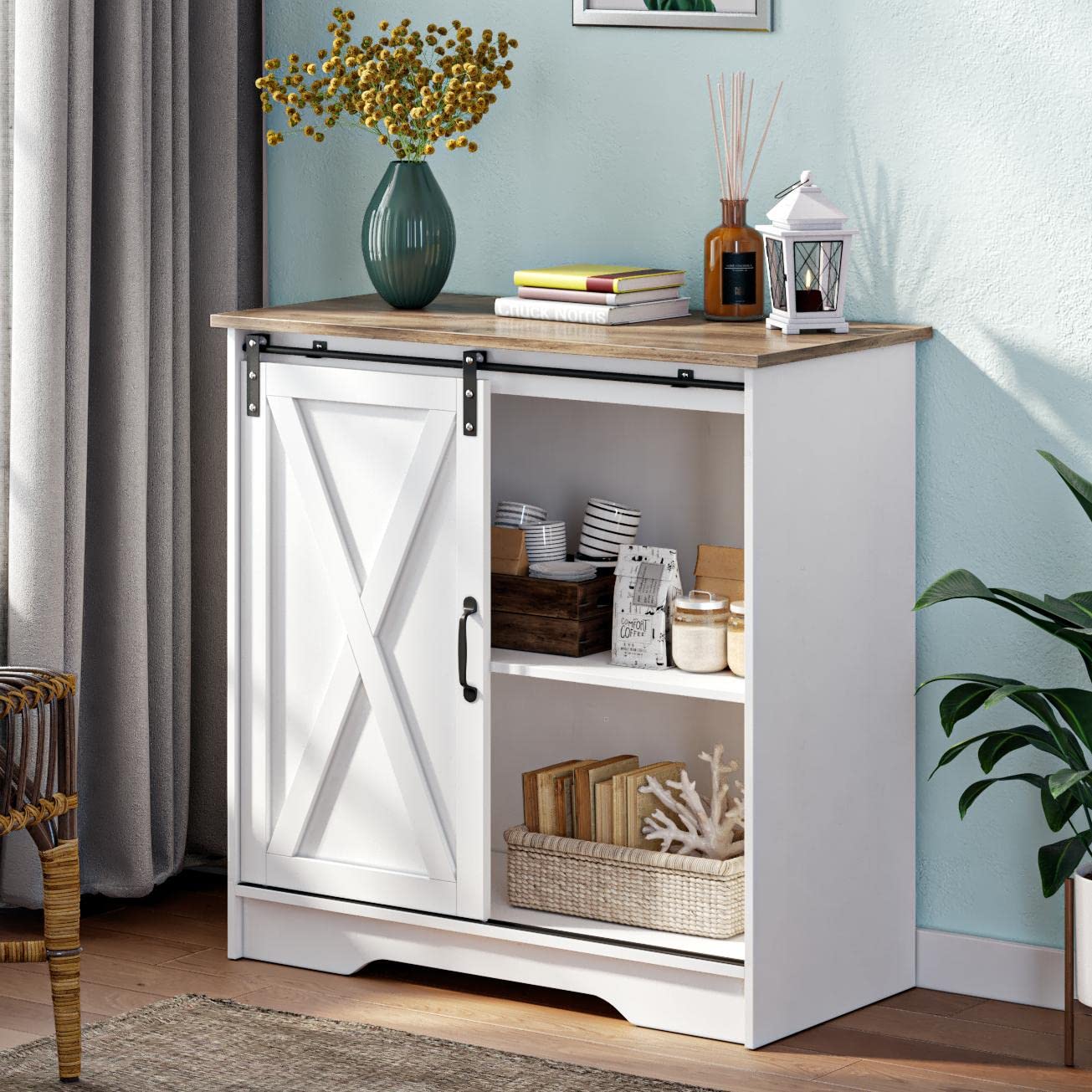 Farmhouse Style White Buffet Cabinet with Sliding Barn Door - Coffee Station & Storage Sideboard for Kitchen, Dining Room, Living Room & Entryway - Rustic Accent Storage Cabinet with Shelves - Perfect for Organizing Dishes, Linens & Home Decor