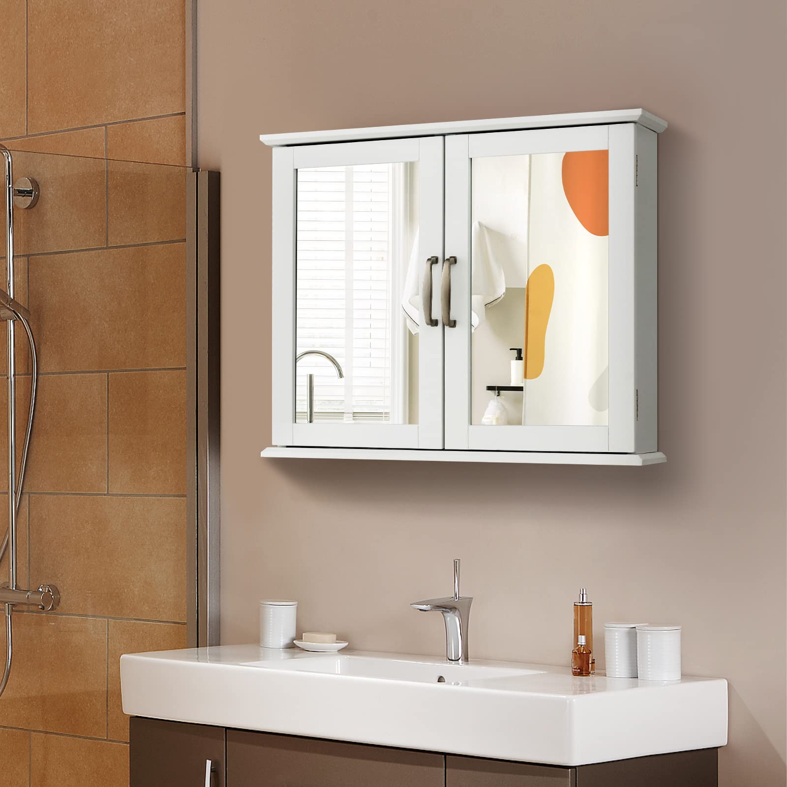 Tangkula White Wall Mounted Medicine Cabinet with Mirror - 23.5 x 5.5 x 19.5 Inch Bathroom Storage Cabinet with Double Mirror Doors - Perfect for Small Bathrooms, Vanity Areas & Apartment Bathroom Organization