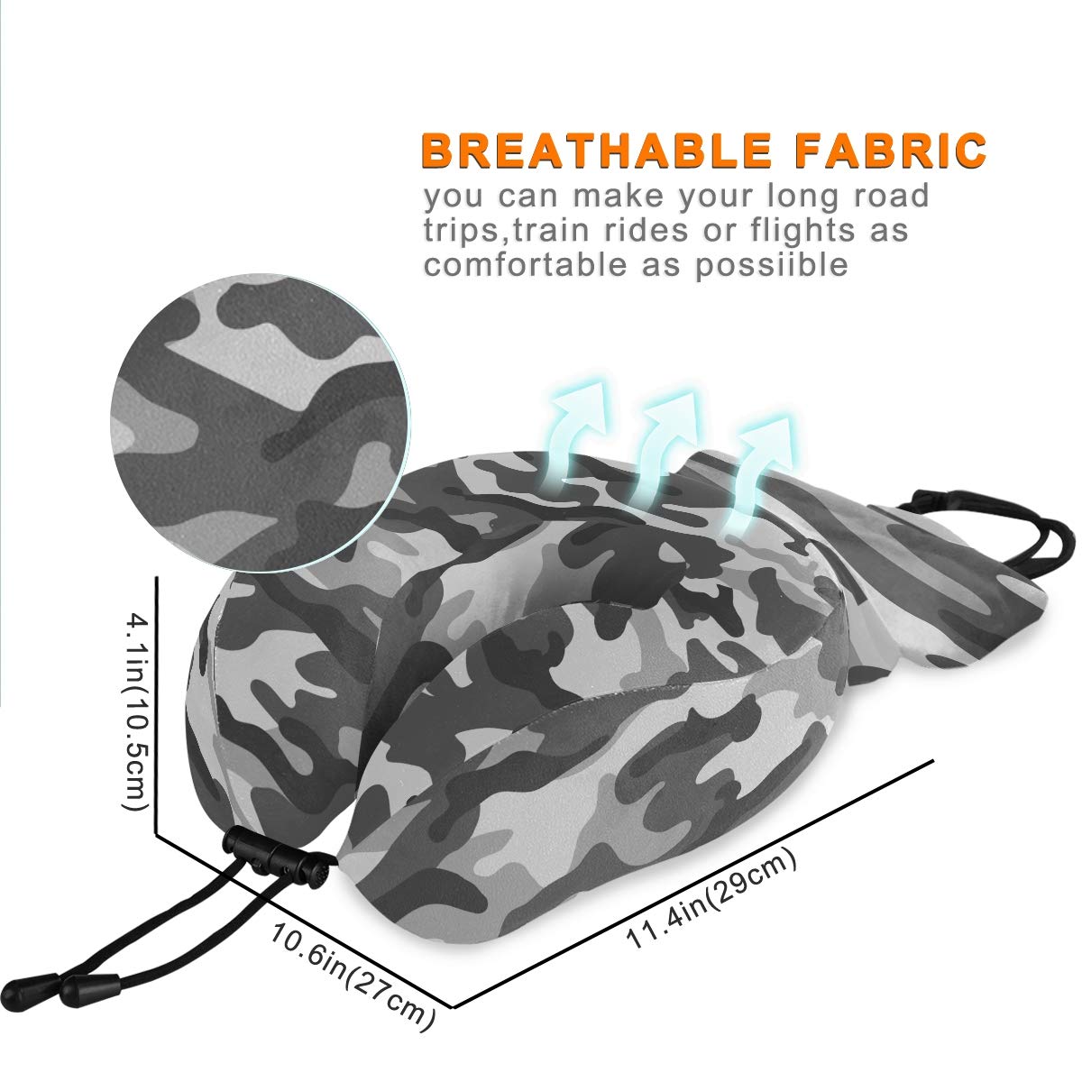 ALAZA Memory Foam Travel Pillow - Gray Military Camouflage Neck Support Pillow for Airplane, Car & Office - Soft, Comfortable & Washable with Snap Clip - Perfect for Long Flights, Road Trips & Work Breaks