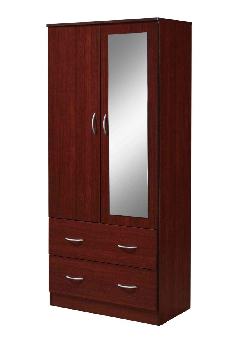 HODEDAH 2-Door Wood Wardrobe Closet with Mirror, Clothing Rod & 2 Storage Drawers - Mahogany Finish Bedroom Furniture for Organizing Clothes, Shoes & Accessories | Perfect for Master Bedroom, Guest Room & Dorm Organization