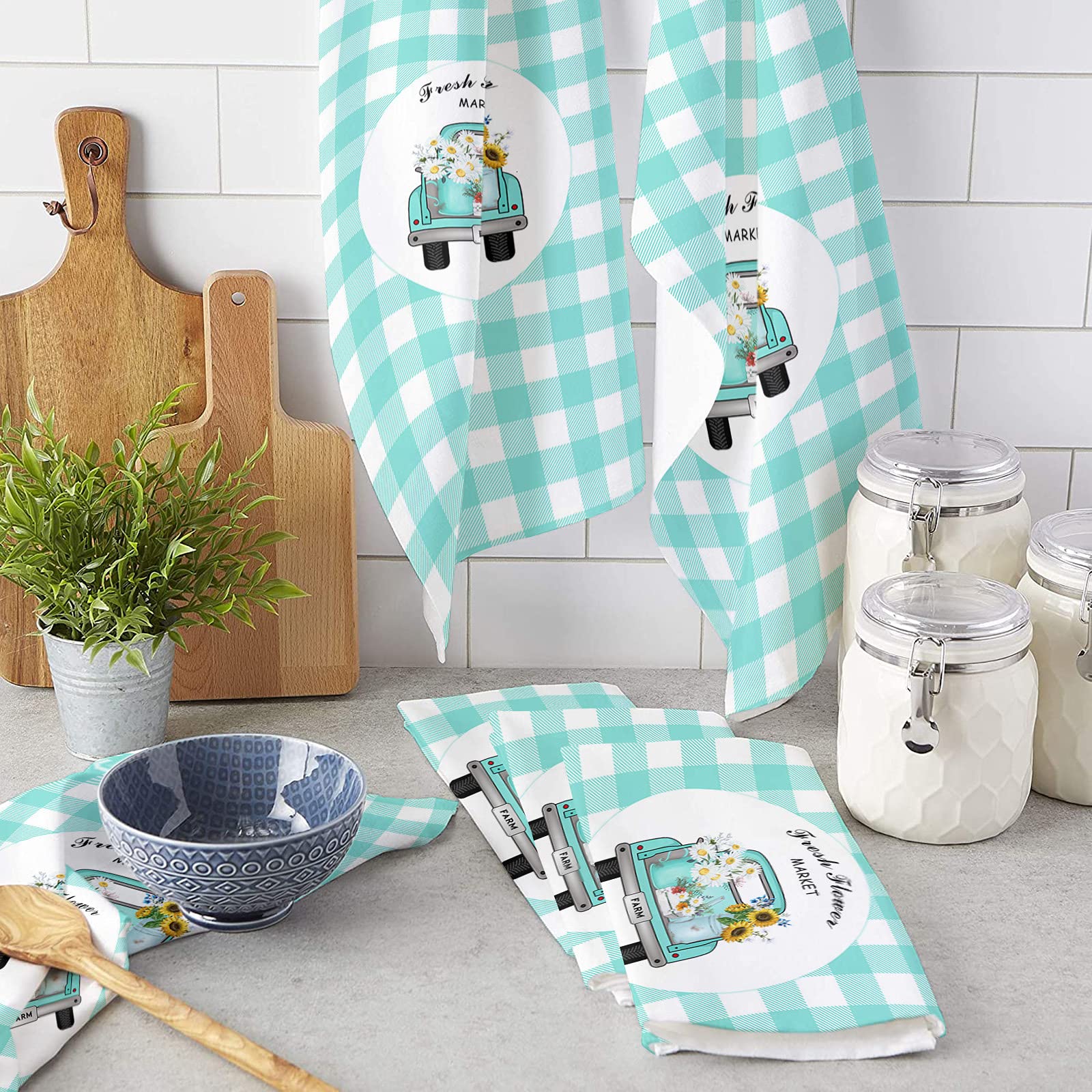 Farmhouse Blue Truck Sunflower Daisy Kitchen Towels - 18x28 Inches Soft Cotton Dish Cloths, Tea Towels & Hand Towels (4 Pack) - Perfect for Kitchen, Bathroom & Bar Use