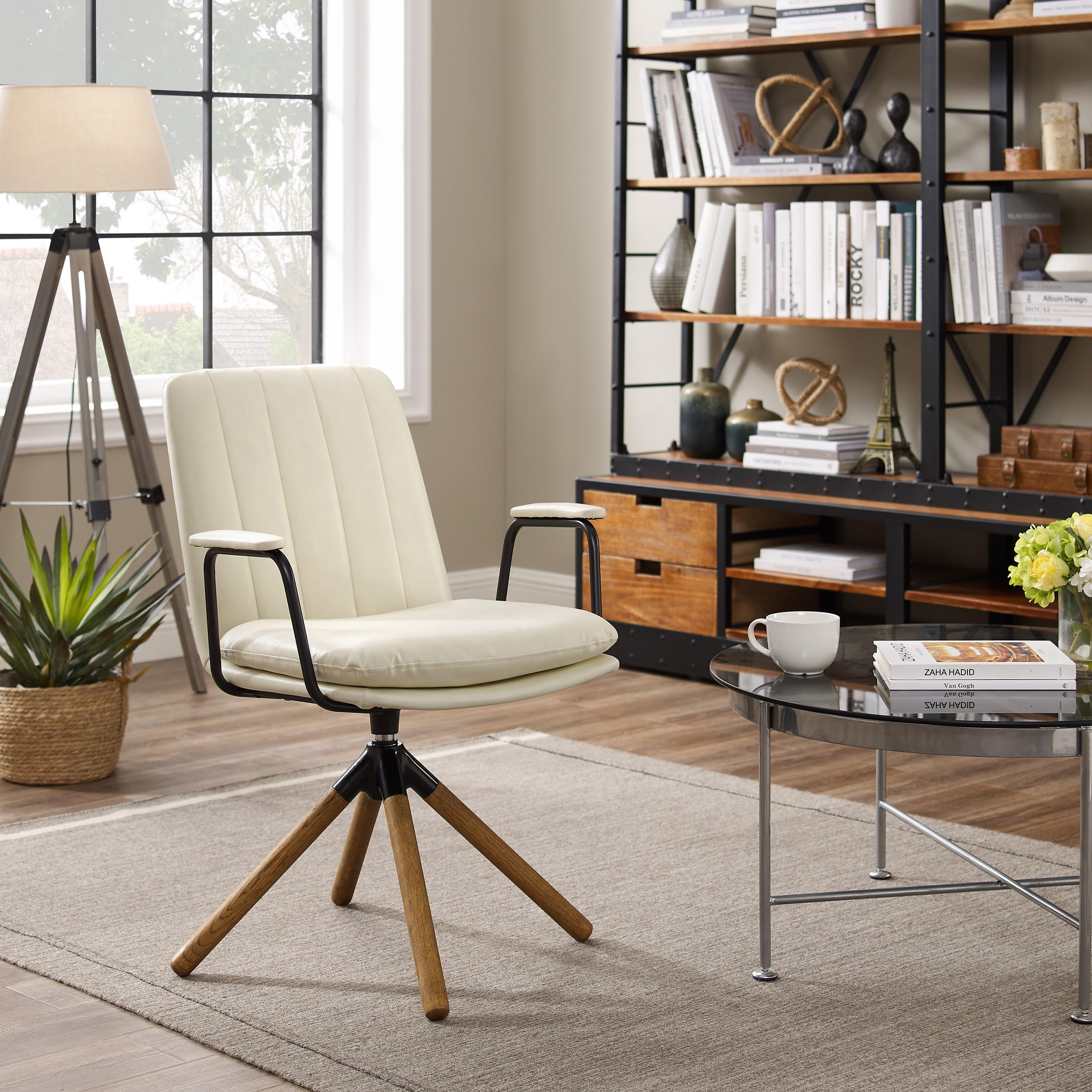 Zouron Mid Century Modern Office Chair - Ergonomic Swivel Desk Chair with PU Leather & Oak Wood Legs, Off-White (No Wheels) - Perfect for Home Office, Living Room & Workspace