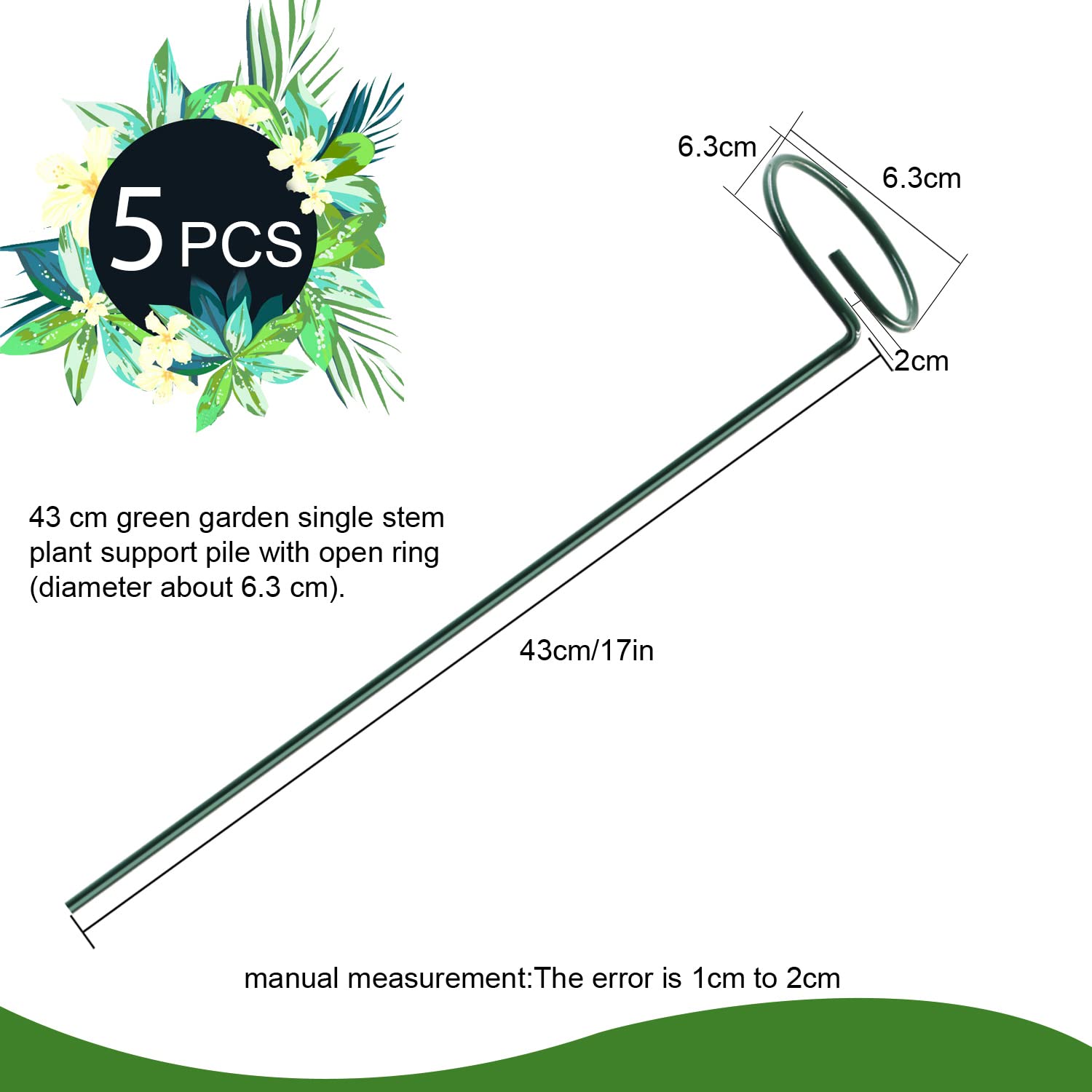 HiGift 5 Pack 17 Inch Garden Stakes - 4mm Thick Plant Support Stakes with 10 Clips for Tomato, Orchid, Lily, Peony & Rose Flowers | Sturdy Single Stem Support for Amaryllis & Other Blooming Plants | Perfect for Outdoor Gardens, Greenhouses & Indoor Potted Plants
