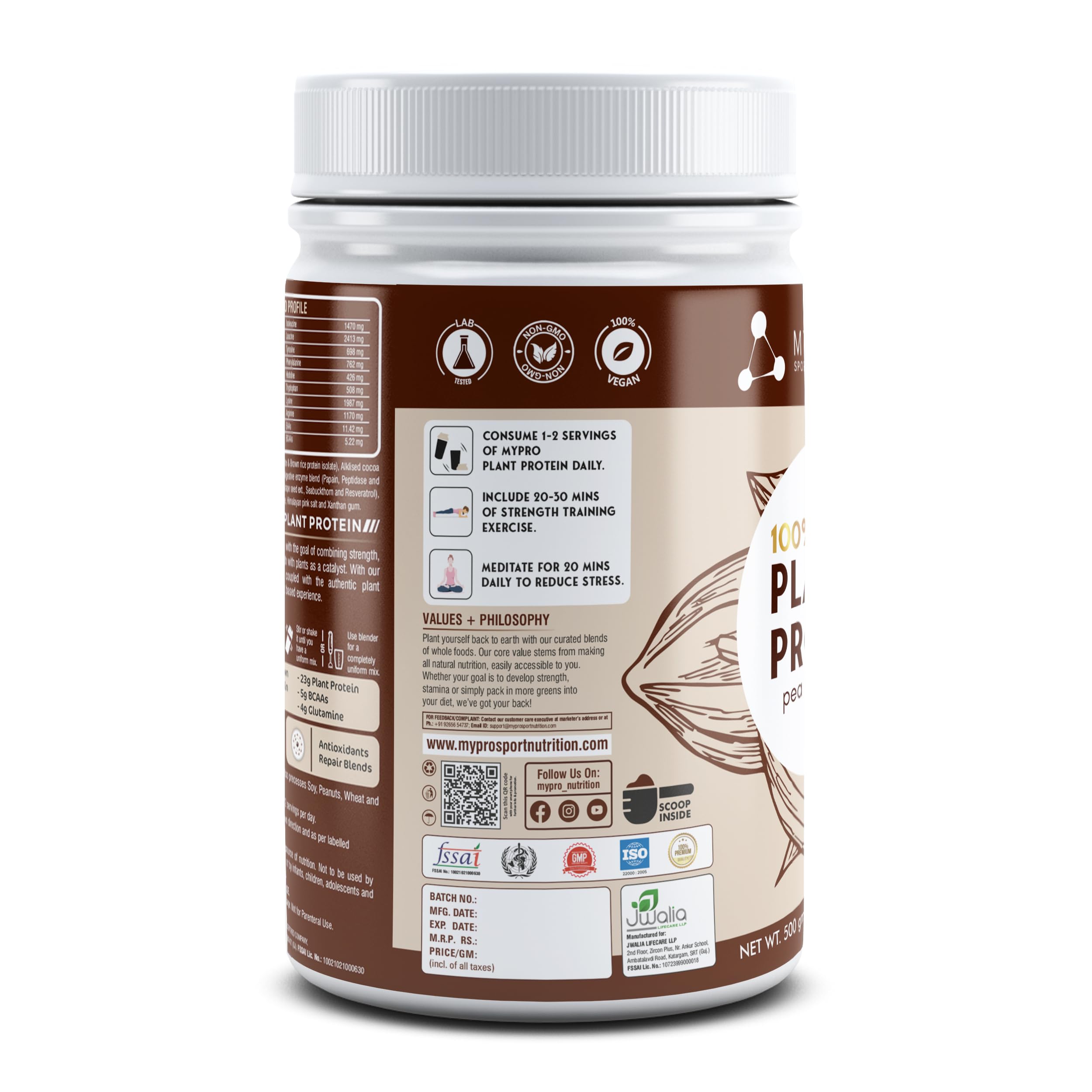 Mypro Sport Nutrition Plant-Based Vegan Protein Powder - Pea & Brown Rice Protein (23g Protein, 22 Vitamins & Minerals, 5g BCAA) for Men & Women - Chocolate Flavor, 500g - Perfect for Post-Workout Recovery & Muscle Building