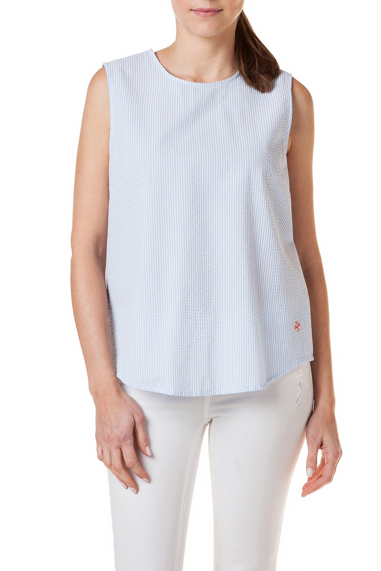 Women's Sleeveless Seersucker Top in Blue - Breathable Summer Blouse for Casual Outings & Beach Vacations