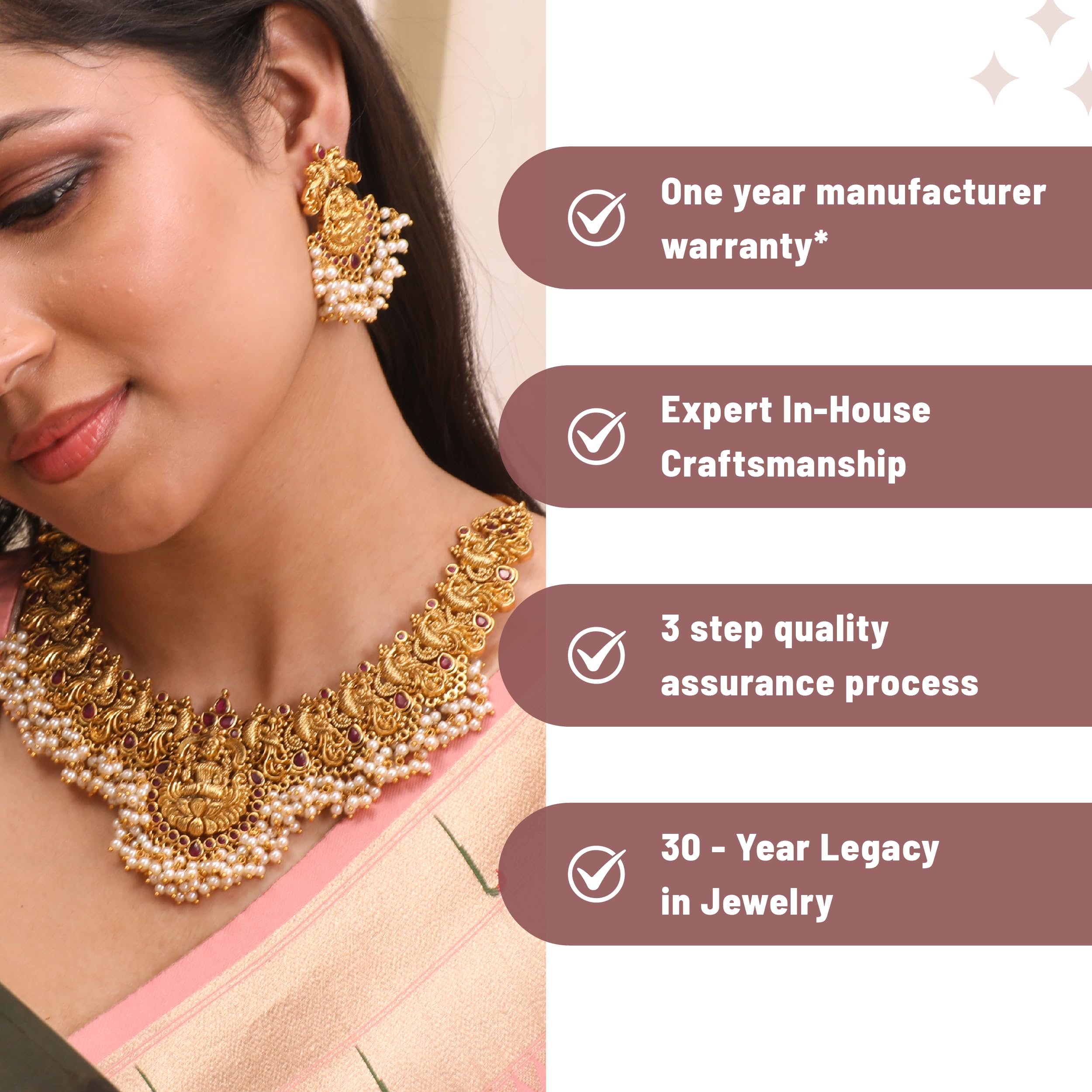 Antique Gold Plated Cira Short Necklace Set with Floral Design - Traditional South Indian Jewelry for Women | Ethnic Bridal Necklace for Weddings, Festivals & Cultural Events | 1 Year Warranty