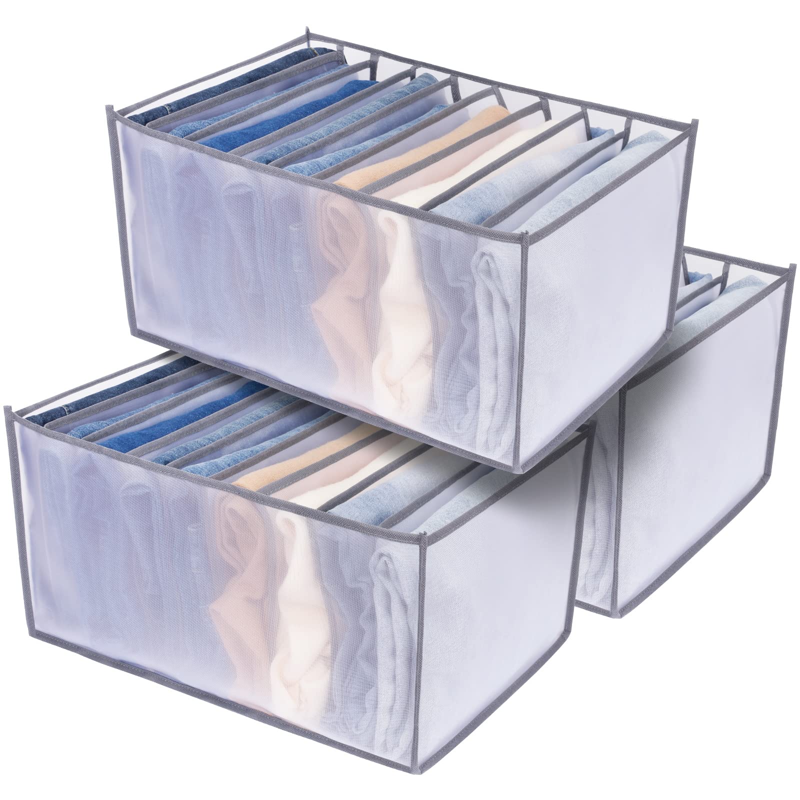 TOOVREN Extra Large 9-Grid Jeans Organizer - Foldable Drawer Closet Storage with Washable Compartments (3-Pack) | Perfect for Denim, Pants & Clothing Organization in Bedroom, Closet or Dorm