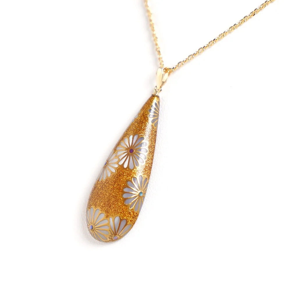 Handcrafted Japanese Maki-e Urushi Lacquer Pendant Necklace with White South Sea Pearl Shell & Chrysanthemum Design - Traditional Asian Jewelry for Women, Gift for Her, Wedding, Anniversary & Special Occasions